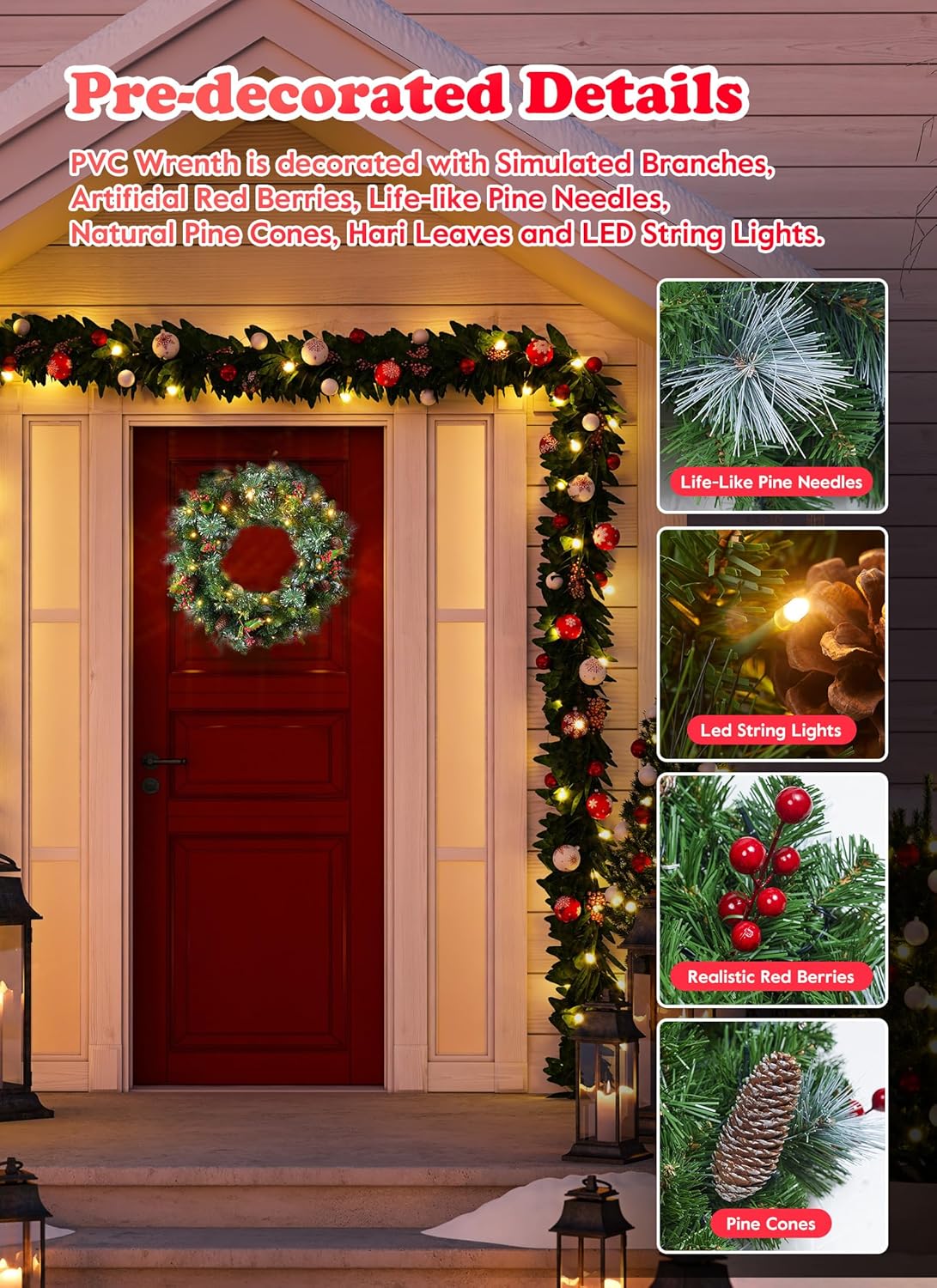 50 LED Christmas Wreaths with Pinecones (Green) 6&#x22;D x 24&#x22;W x 24&#x22;H