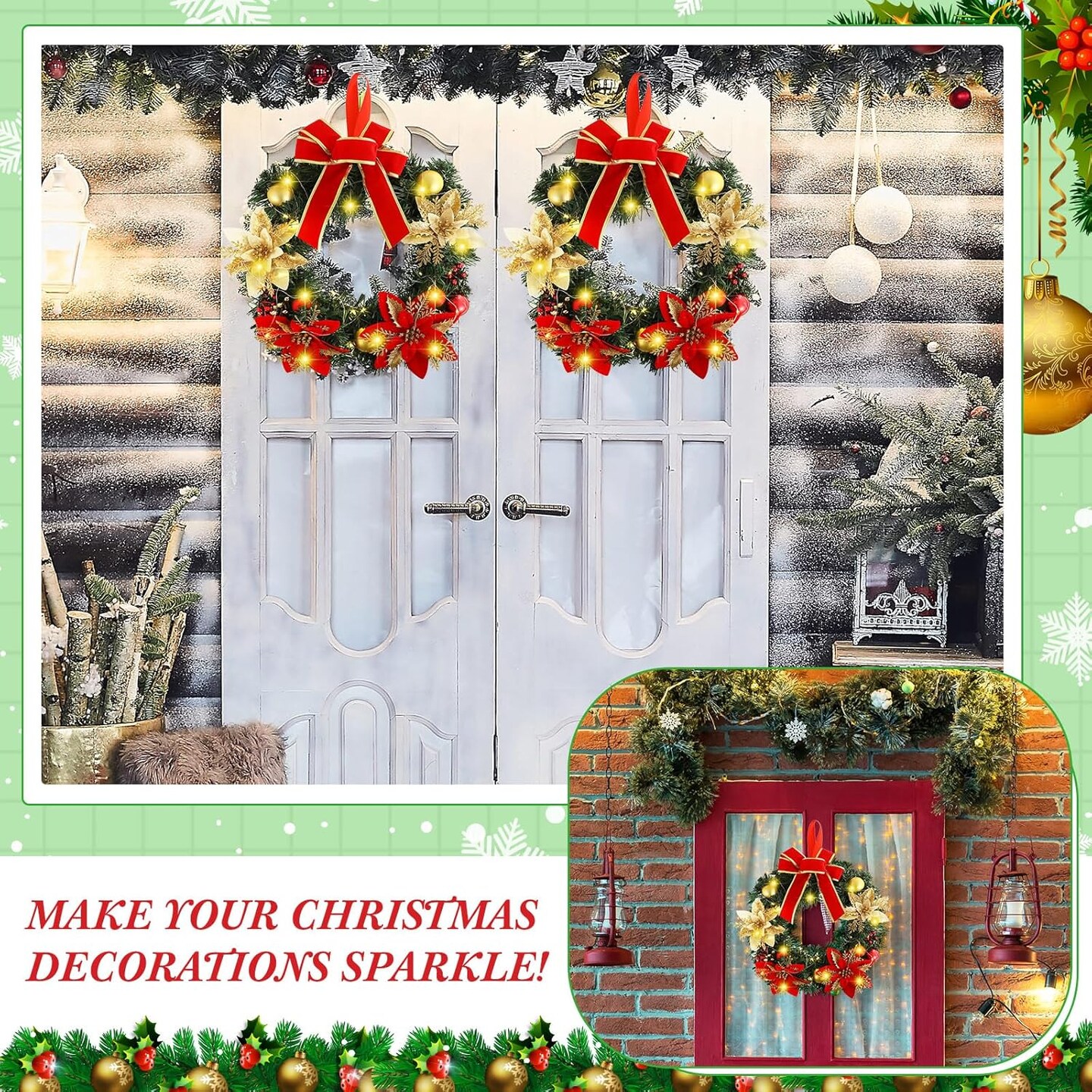 6 Pcs Lighted Christmas Wreath with Red Bow Ornament (Multicolored)