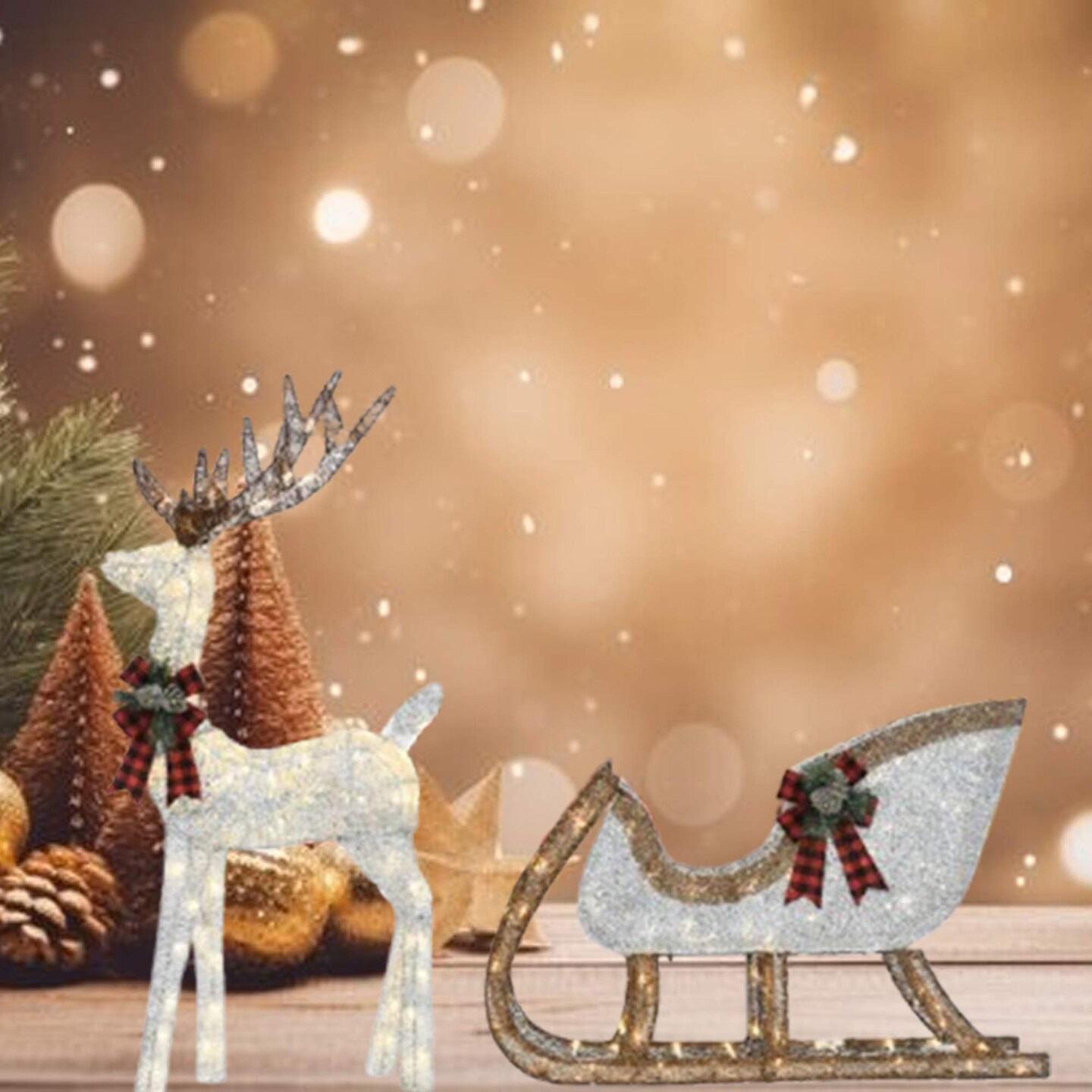 48"H Silver Deer with 38"L Sleigh Lighted Outdoor Christmas Display