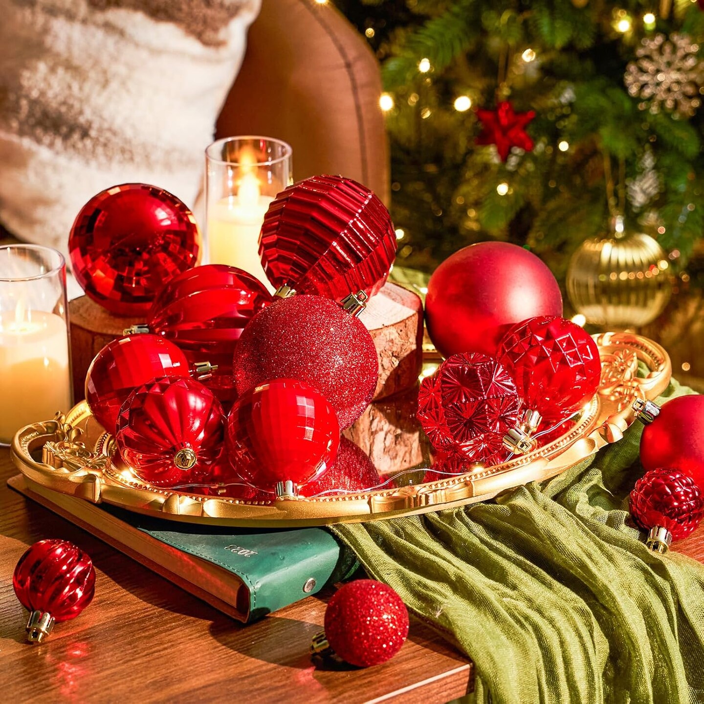 47 Pack Assorted Christmas Tree Ornaments Set (Red)