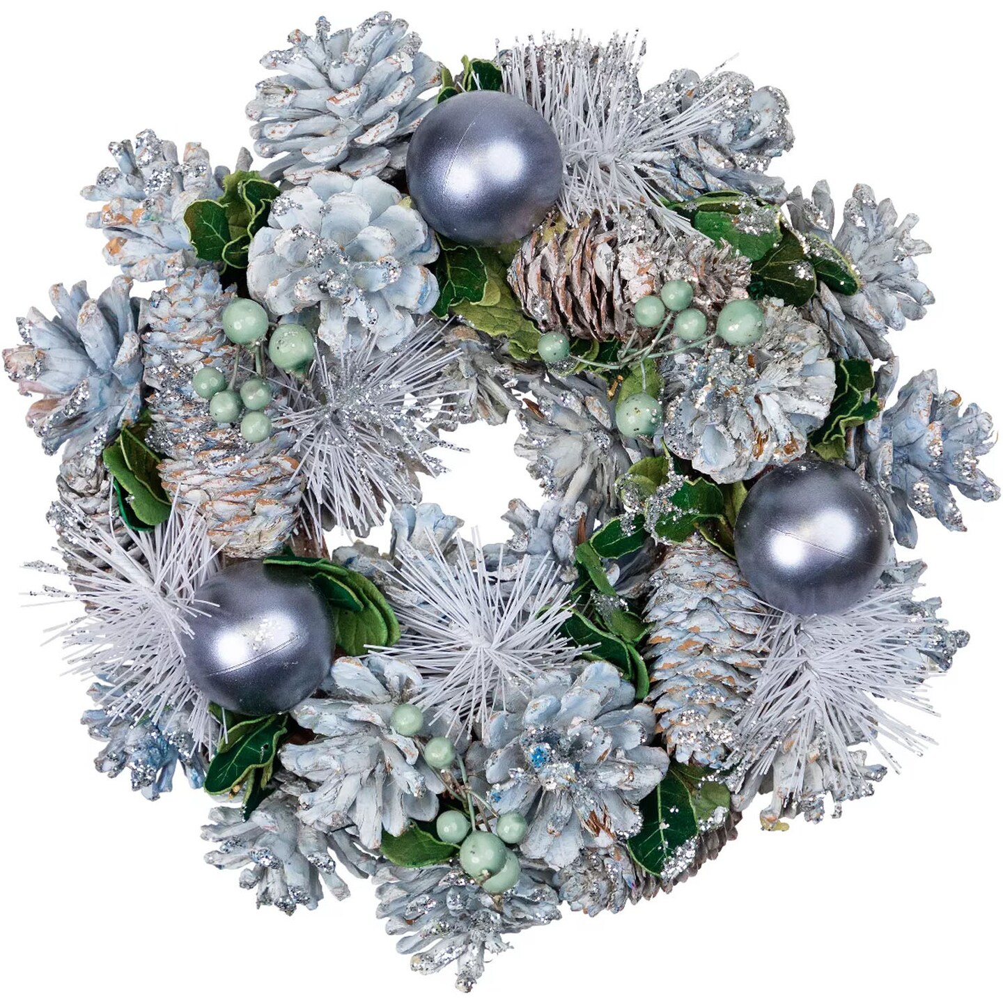 10" Blue Pinecone Christmas Wreath Unlit Holiday Decor with Ornaments & Greenery