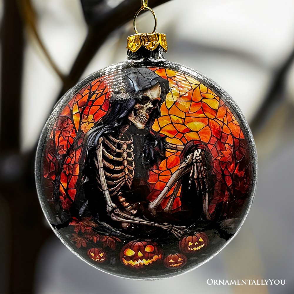 Creepy Stained Glass Skeleton and Raven Haunted Ornament, Halloween Horror and Christmas Tree Decor