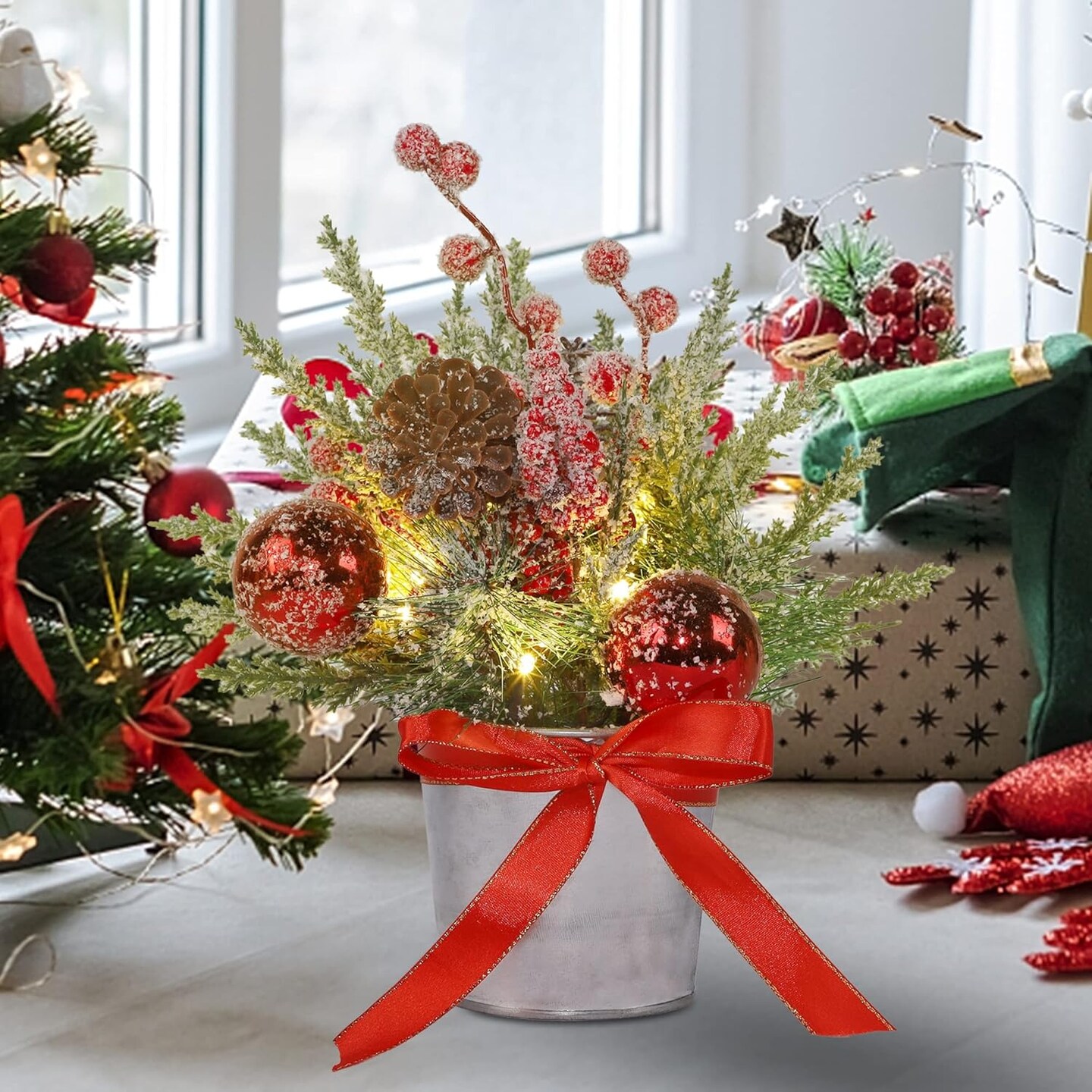 Christmas Table Tree Decorations Mini Trees with Lights (Green)