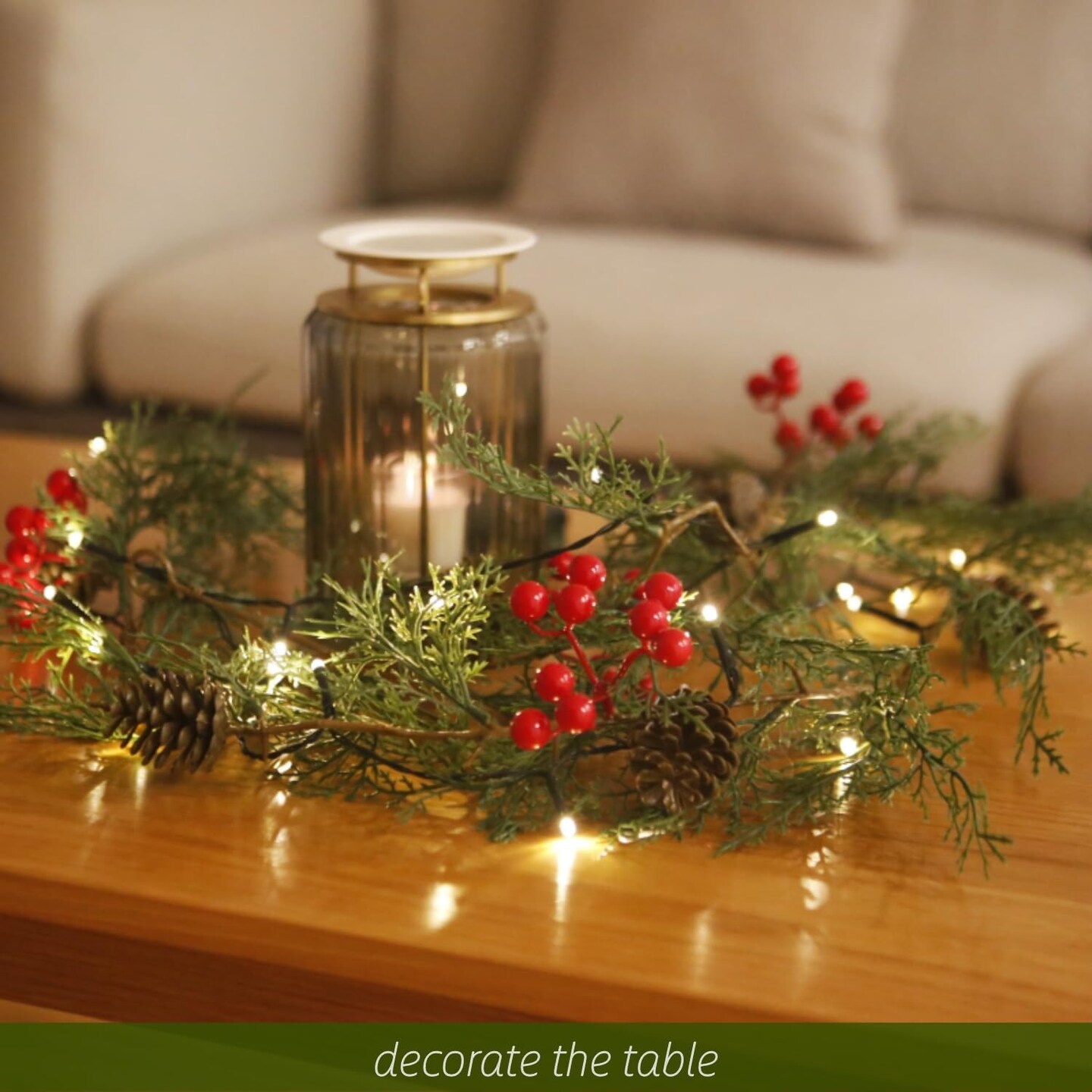 5.5 FT Lighted Christmas Garland 20 LEDs Pine Cones Red Berries (Green)