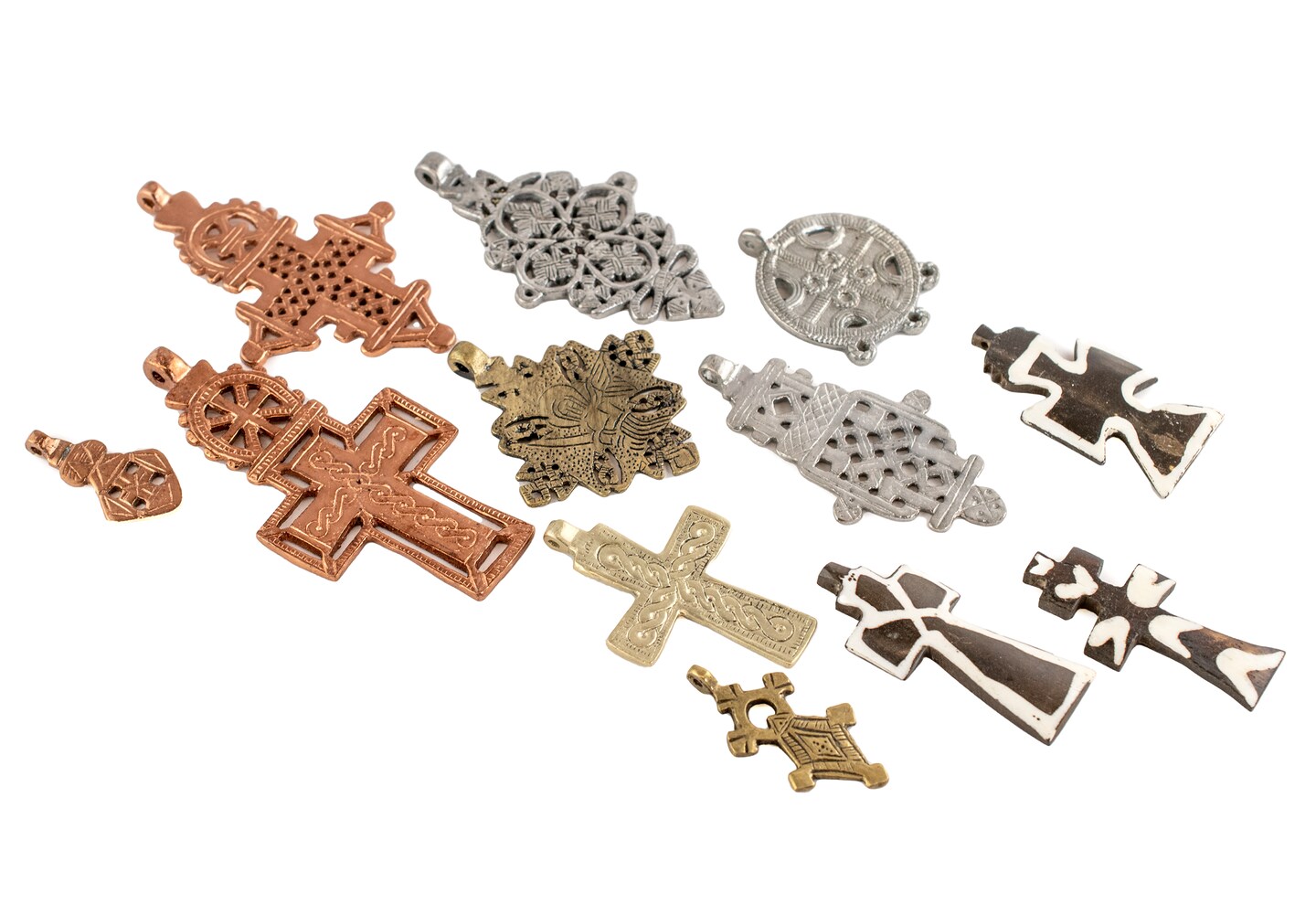 Cross Pendant Bundle – 12-Piece Set | Ethiopian-Inspired Brass, Copper, Silver-Tone & Batik Bone Crosses | Assorted Pendants for Jewelry Making & Crafts | Handmade & Unique Designs