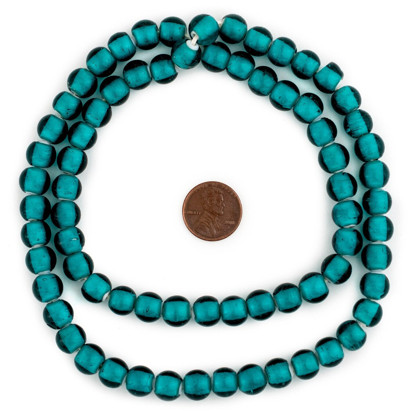 The Bead Chest Teal Green White Heart Beads 9mm Round Glass 24 Inch Strand