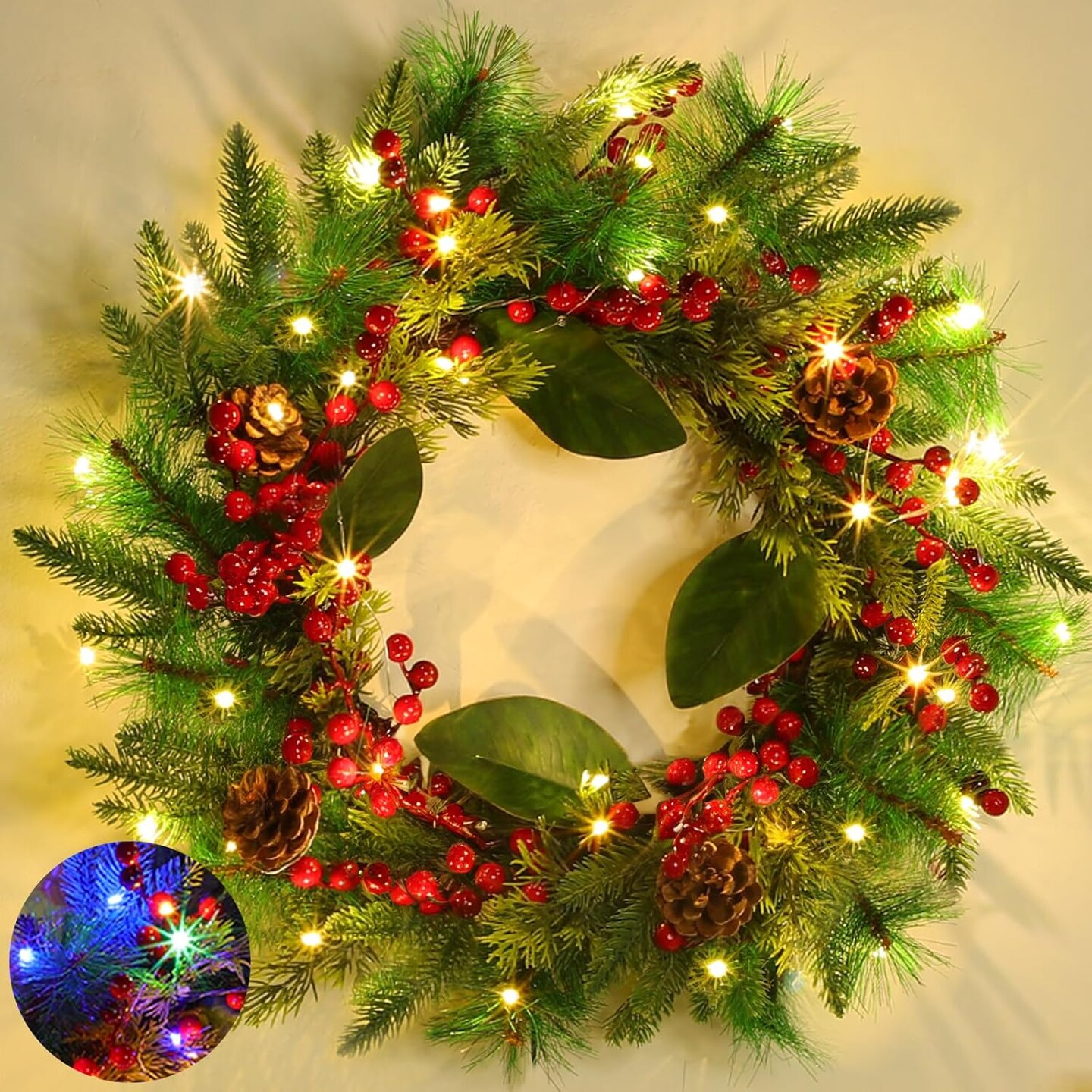 Lighted Christmas Wreaths for Front Door (Red/Green) 4"D x 20"W x 20"H