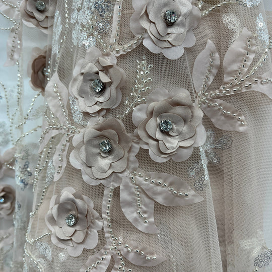 1 Yard Beaded 3D Floral Lace Fabric Embroidered 100 Percent Polyester Net Mesh 52 inch Width