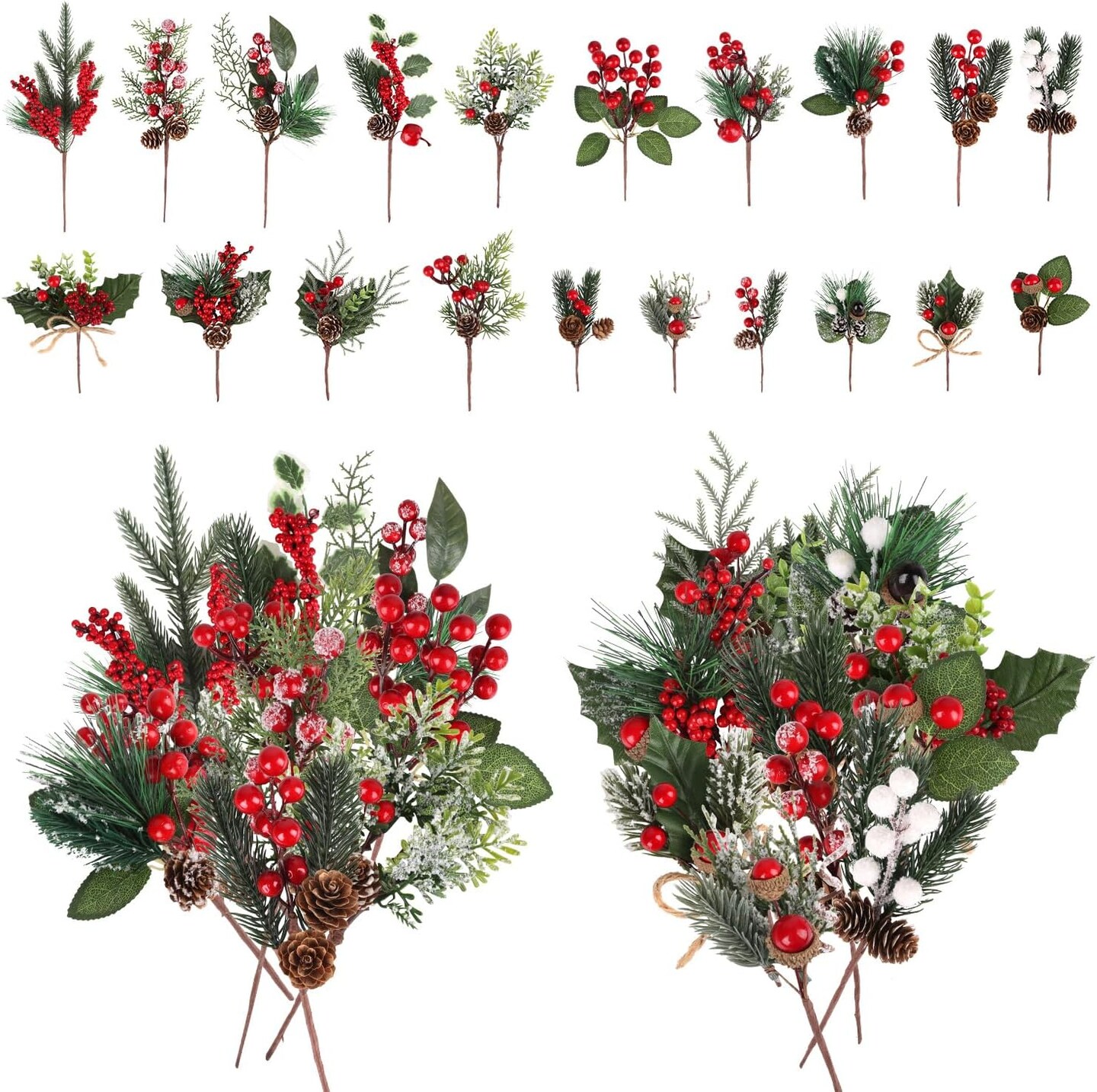20pcs Artificial Christmas Red Berry Picks Pine Cones (Multicoloured) 12"D x 8.5"W x 4"H