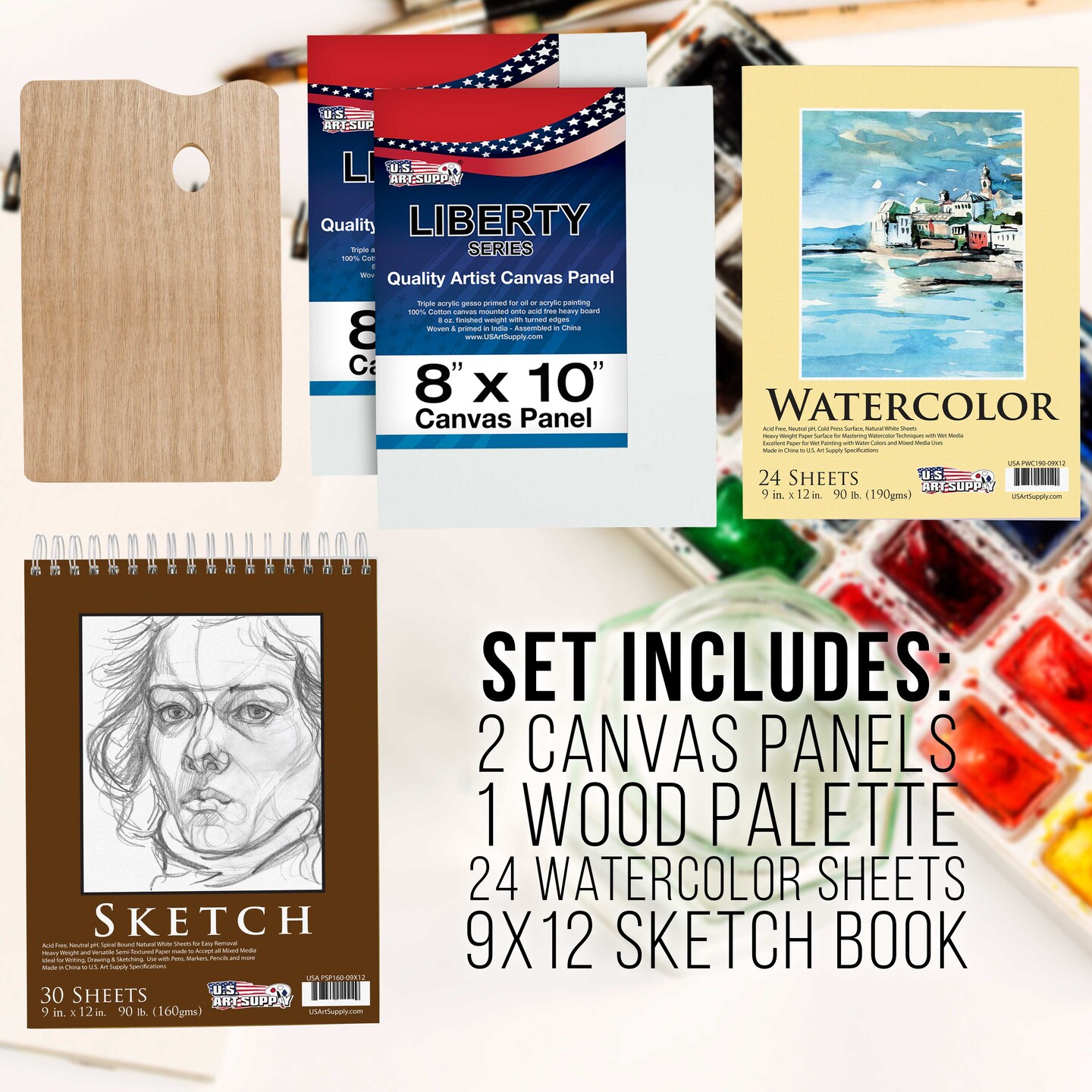 95 Piece Wood Box Easel Painting Set - Oil, Acrylic, Watercolor Paint Colors &#x26; Paint Brushes, Oil Artist Pastels, Pencils, Watercolor &#x26; Sketch Pads