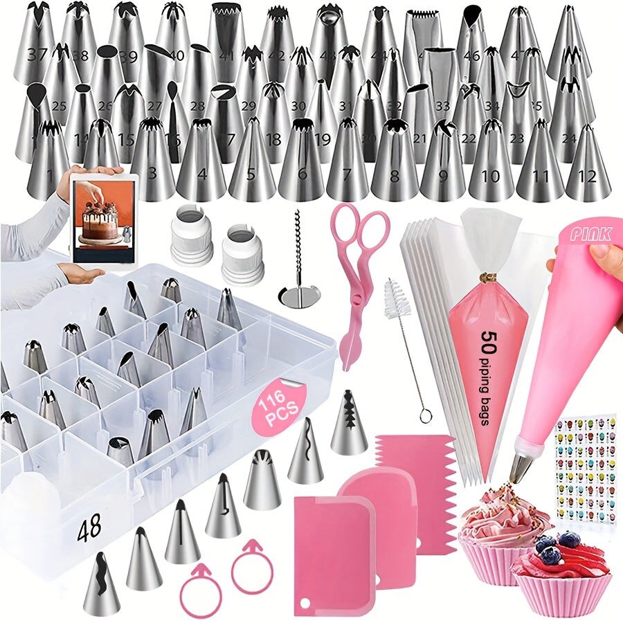 116 pcs Cake Decorating and Baking Tool Set with 55 Piping Tips and Storage Box