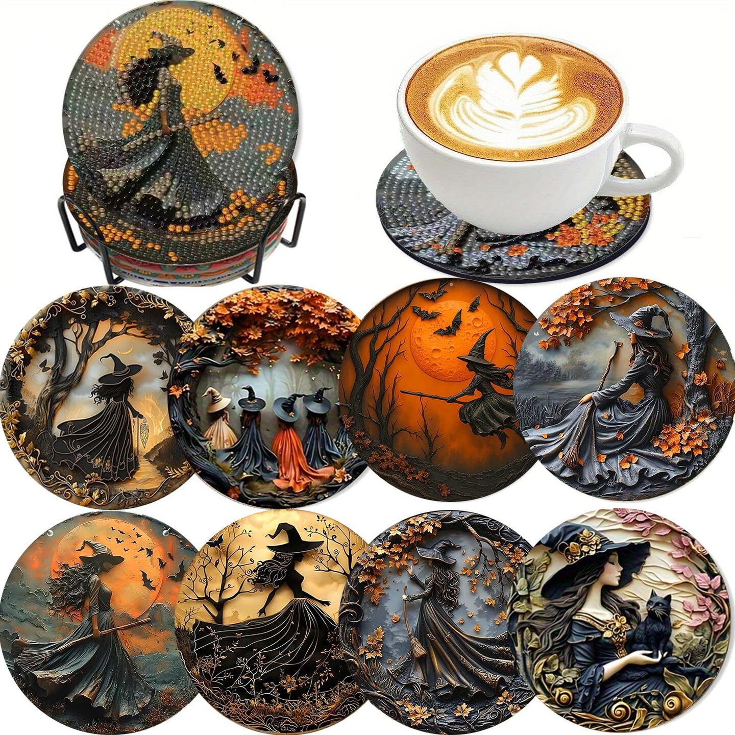 8 Pack Halloween Diamond Painting Coaster Kit with Holder, DIY 5D
