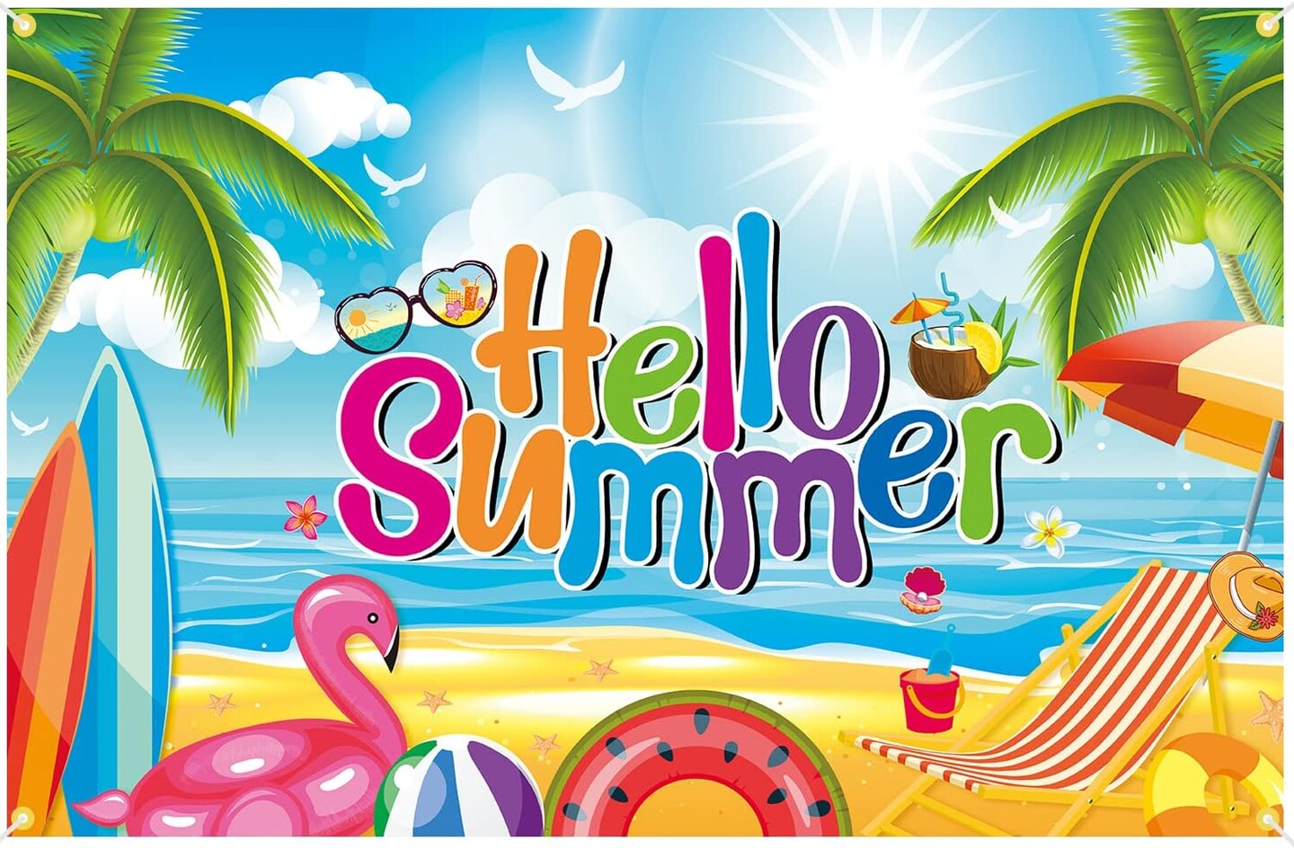 Backdrop Banner for Hello Summer 73 x 43 Inch Large Hawaiian Pool Beach Party Background Banner for Summer Tropical Party Decorations for Summer Holiday Indoor Outdoor Photo Booth Props