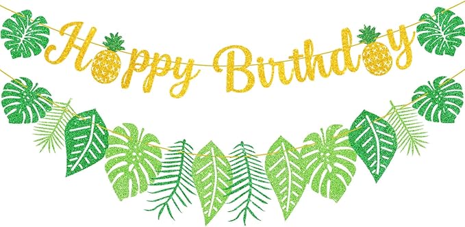 Hawaiian Happy Birthday Banners Decorations, Pineapple Tropical Palm Banner Garland, Hawaiian Birthday Decoration for Aloha Birthday Banner Garland,Luau Party Supplies for Beach Party Decorations