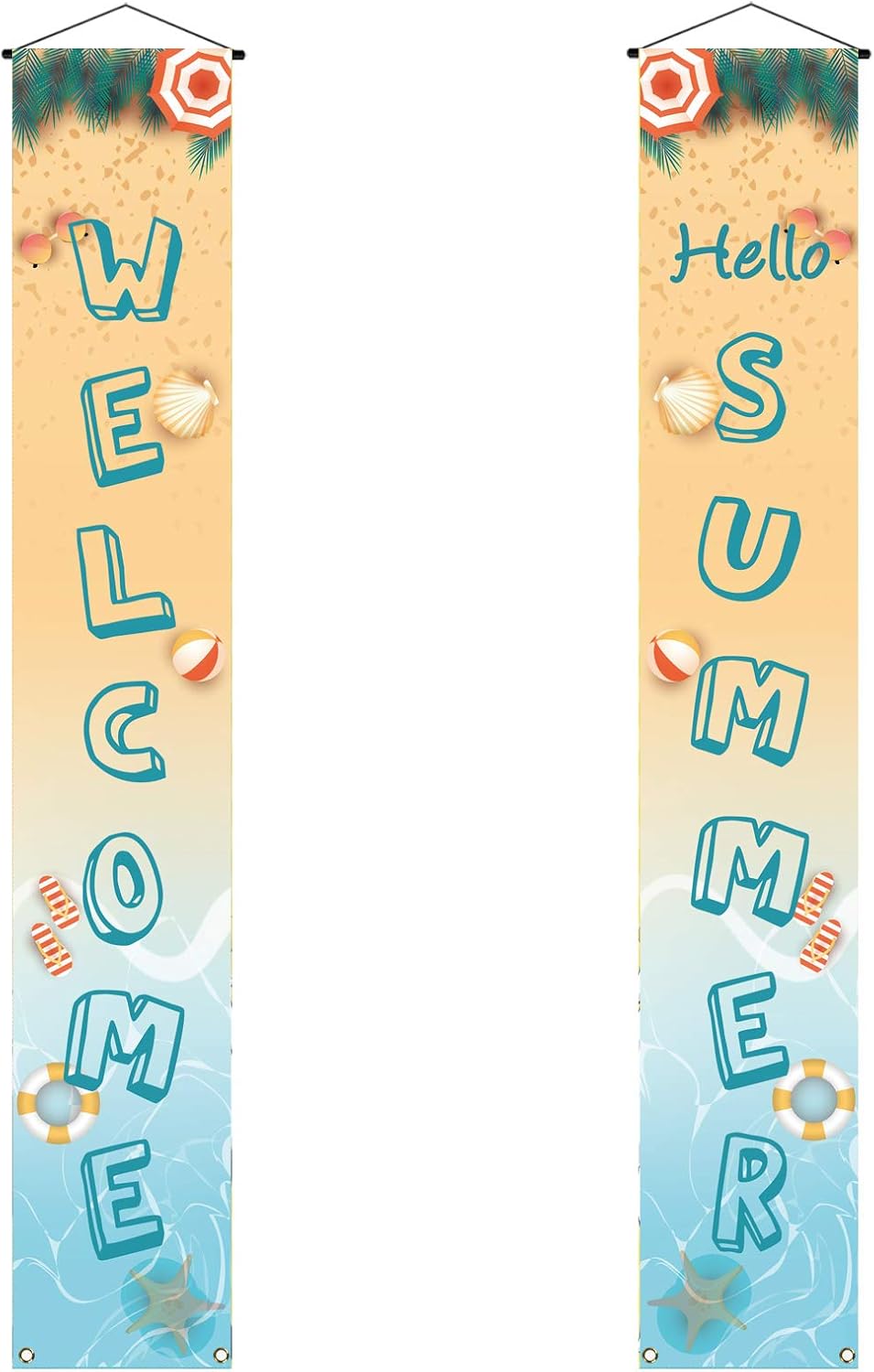 Welcome Hello Summer Porch Banner Beach Themed Sea Palm Leaves Starfish Seashell Holiday Party Front Door Wall Sign Decoration