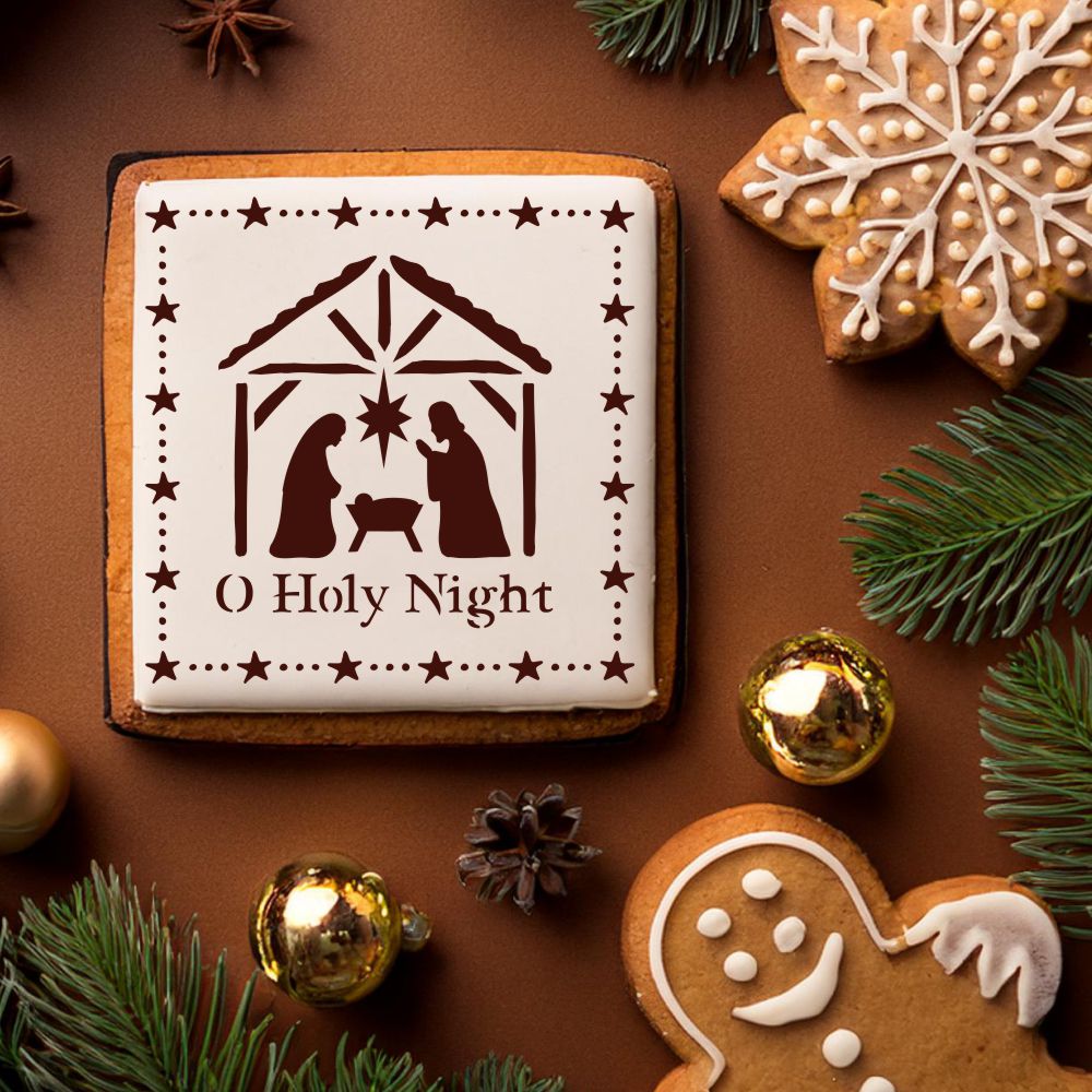 O Holy Night Nativity Scene Cookie &#x26; Craft Stencil | CM034 by Designer Stencils | Cookie Decorating Tools | Baking Stencils for Royal Icing, Airbrush, Dusting Powder | Craft Stencils for Canvas, Paper, Wood | Reusable Food Grade Stencil