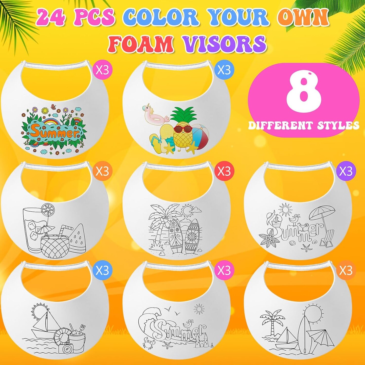 24 Sets End of Year Student Gifts, Color Your Own Foam Visors with Pens DIY Coil Visors Summer DIY Crafts for Kids Children