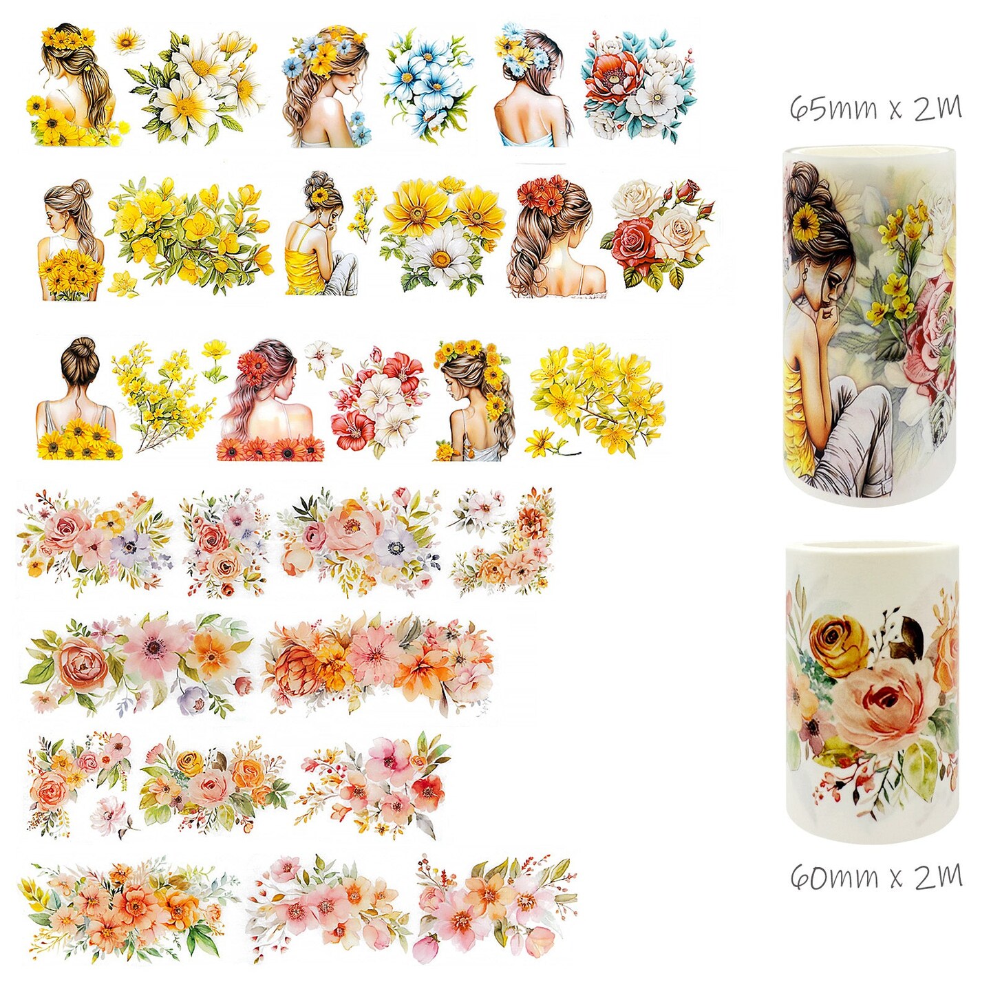 Wrapables Aesthetic Floral Fashion PET Washi Tapes for Scrapbooking, Stationery, Journaling, Diary, Card Making (Set of 2), Yellow and Coral