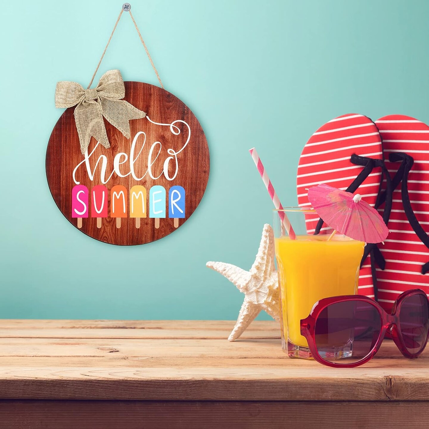 Hello Summer Sign 12 x 12 Inch Summer Welcome Sign Front Door Decor Farmhouse Porch Decoration Round Wooden Hanging Sign for Home Beach Restaurant Shop