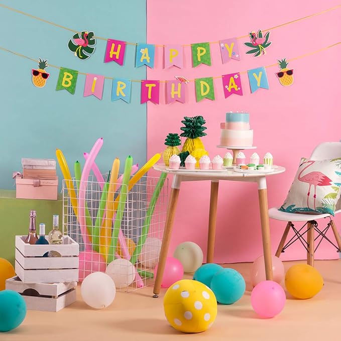 Tropical Happy Birthday Banner Colorful Hawaiian Luau Birthday Banner Flamingo Pineapple Palm Leaf Banner for Summer Birthday Party Decorations Supplies | Pre-Strung