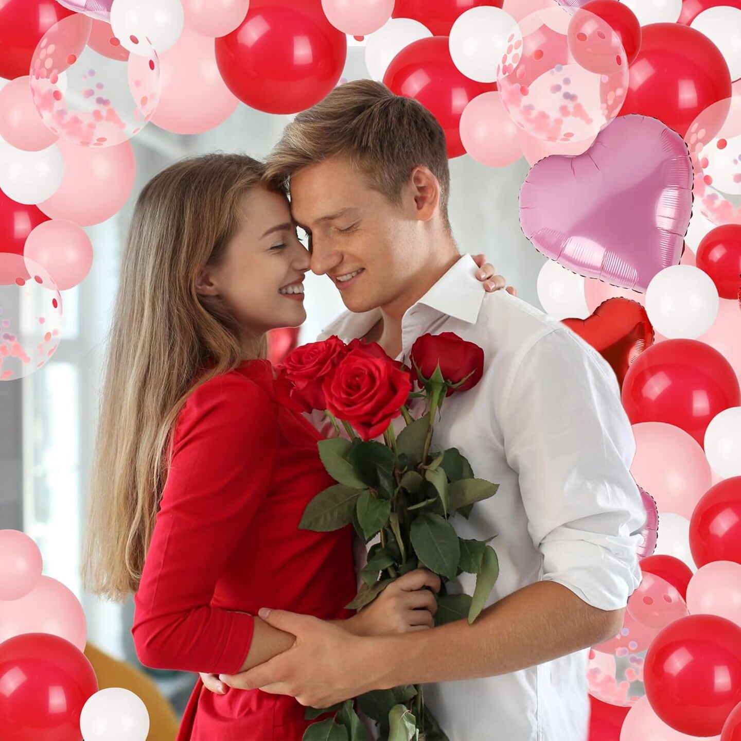 Balloon Arch Kit Decorations, Pink/White/Red Balloons Garland Decor with LOVE Heart Balloon Rose Petals