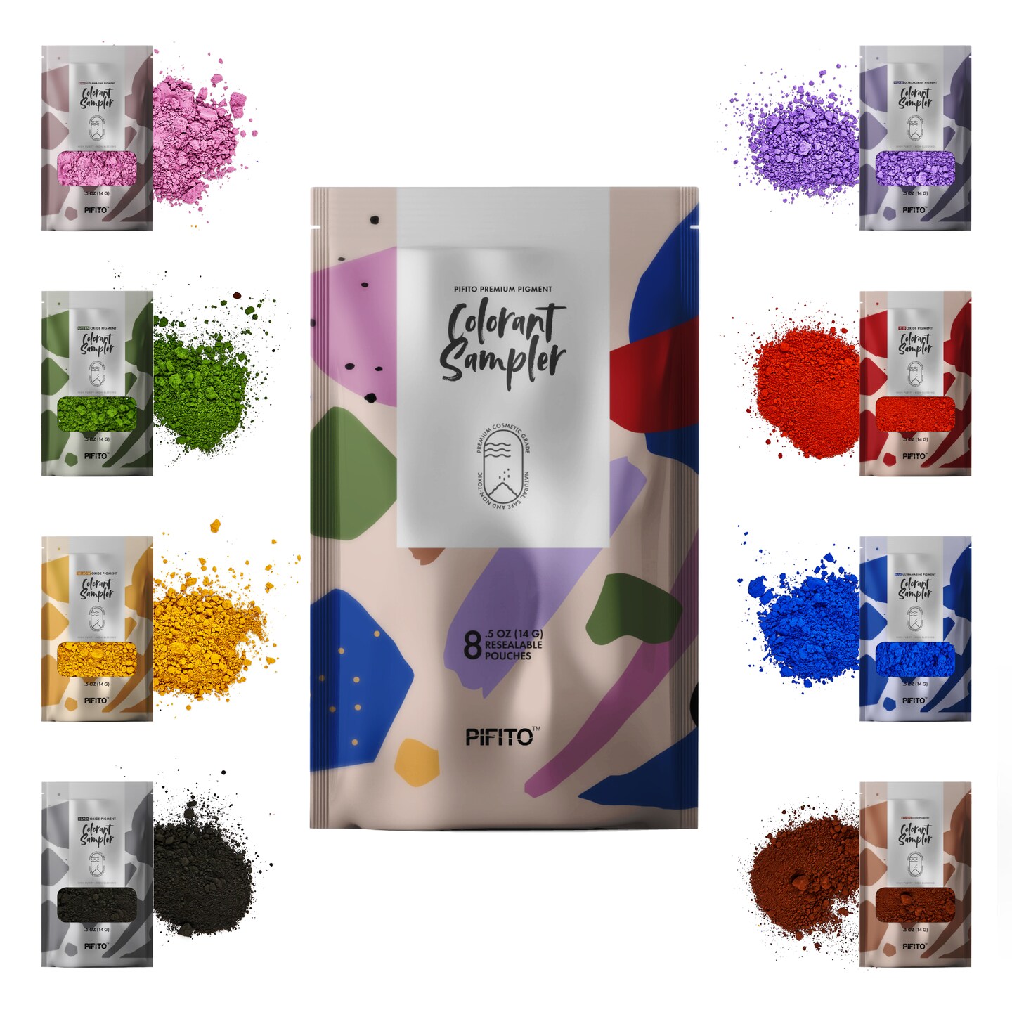 Pifito Oxide Pigment Colorants Sampler &#x2502; 8 Beautiful Colors for Soap Making Supplies, Bath Bombs (.25 oz ea) &#x2502; Red, Blue, Yellow, Pink, Green, Brown, Black, Violet