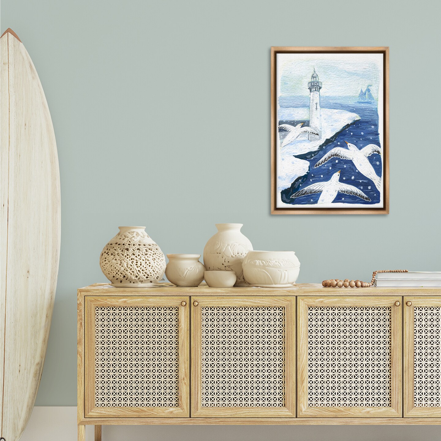 Stupell Industries Snowy Winter Harbor Birds Floating Frame Design by Hannah Moren