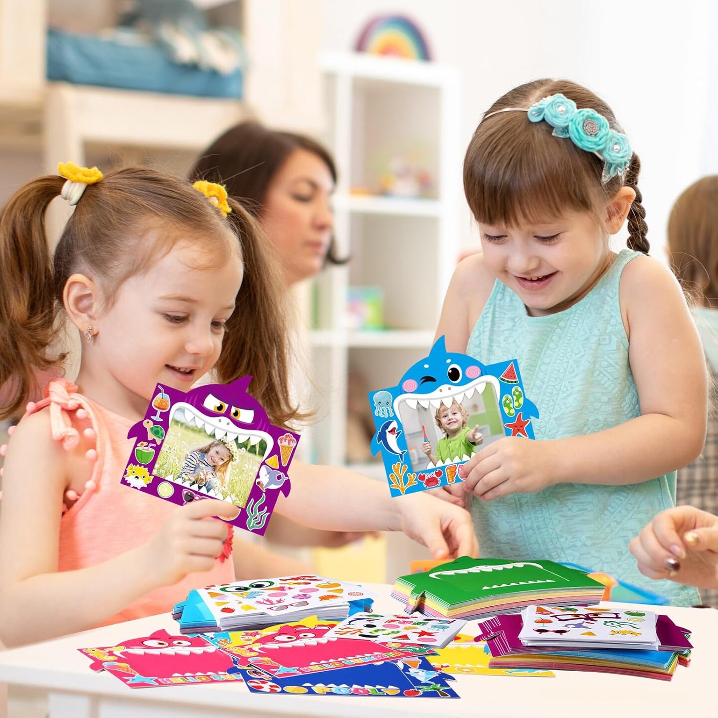 48 Pcs Summer DIY Picture Frames Craft Kits with Sticker Shark Shape Picture Frames Sea Theme Photo Frame Handmade Craft Decorate Gifts
