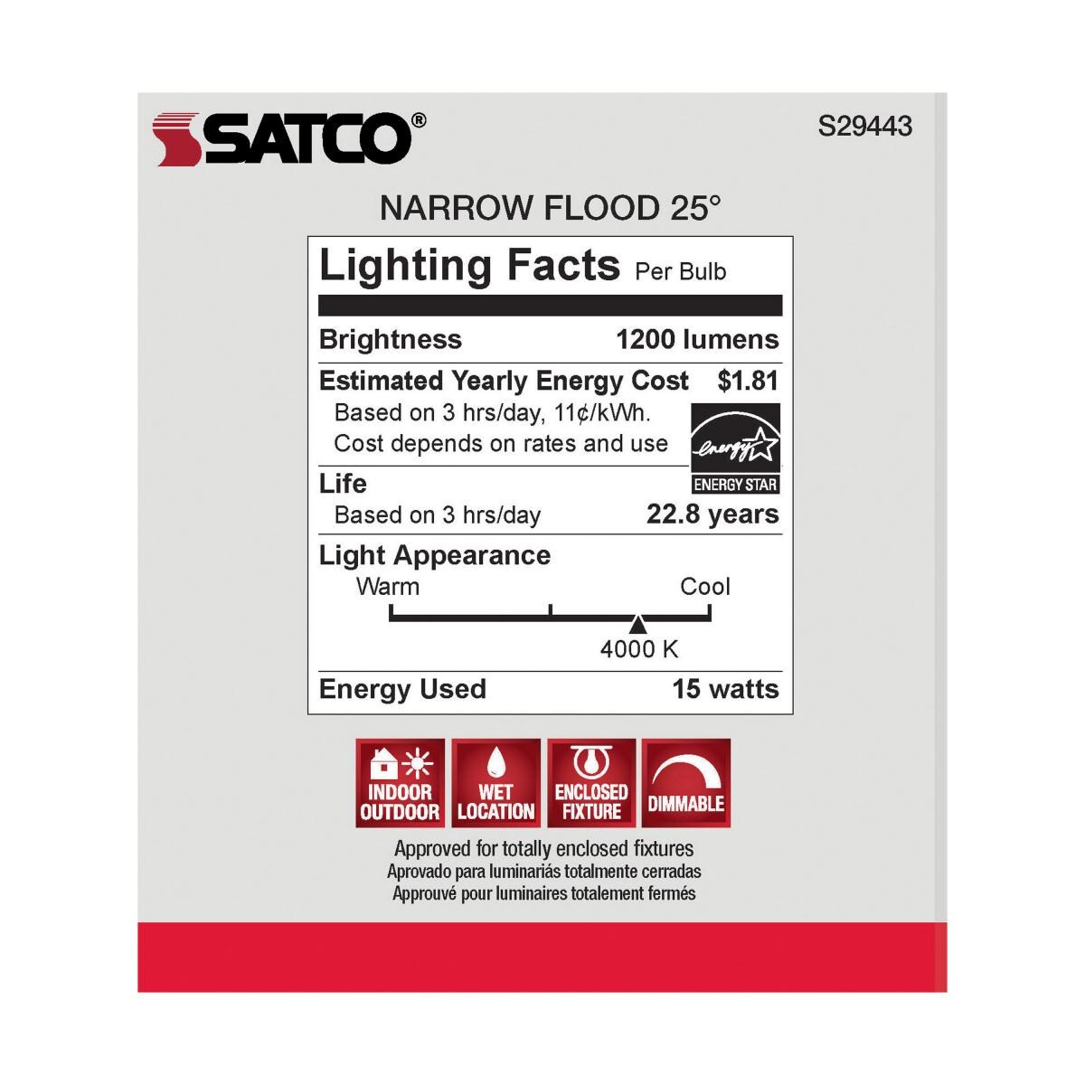 Satco 15w PAR38 LED 25 deg. Beam E26 Medium base 4000k Cool White