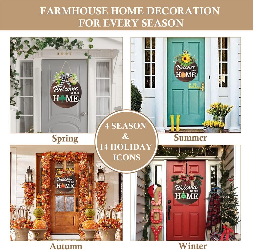 Interchangeable Welcome Sign for Front Door with 4 Seasonal Wreaths and 14 Changeable Icons, Farmhouse Front Door Signs, Door Decoration Porch Decor, Seasonal Wooden Home Sign home d&#xE9;cor (6wood)
