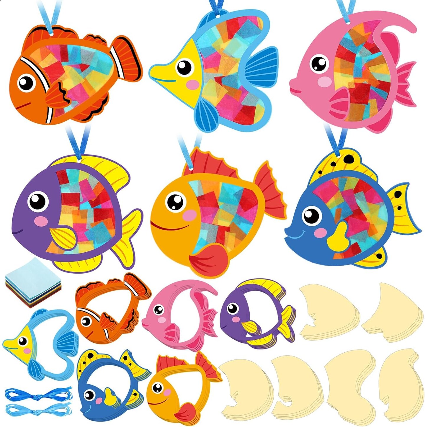 24 Pcs Under The Sea Fish Suncatcher Craft Kit Tropicial Fish Shaped Suncatcher Summer Craft Kit Window DIY Tissue Paper Decoration