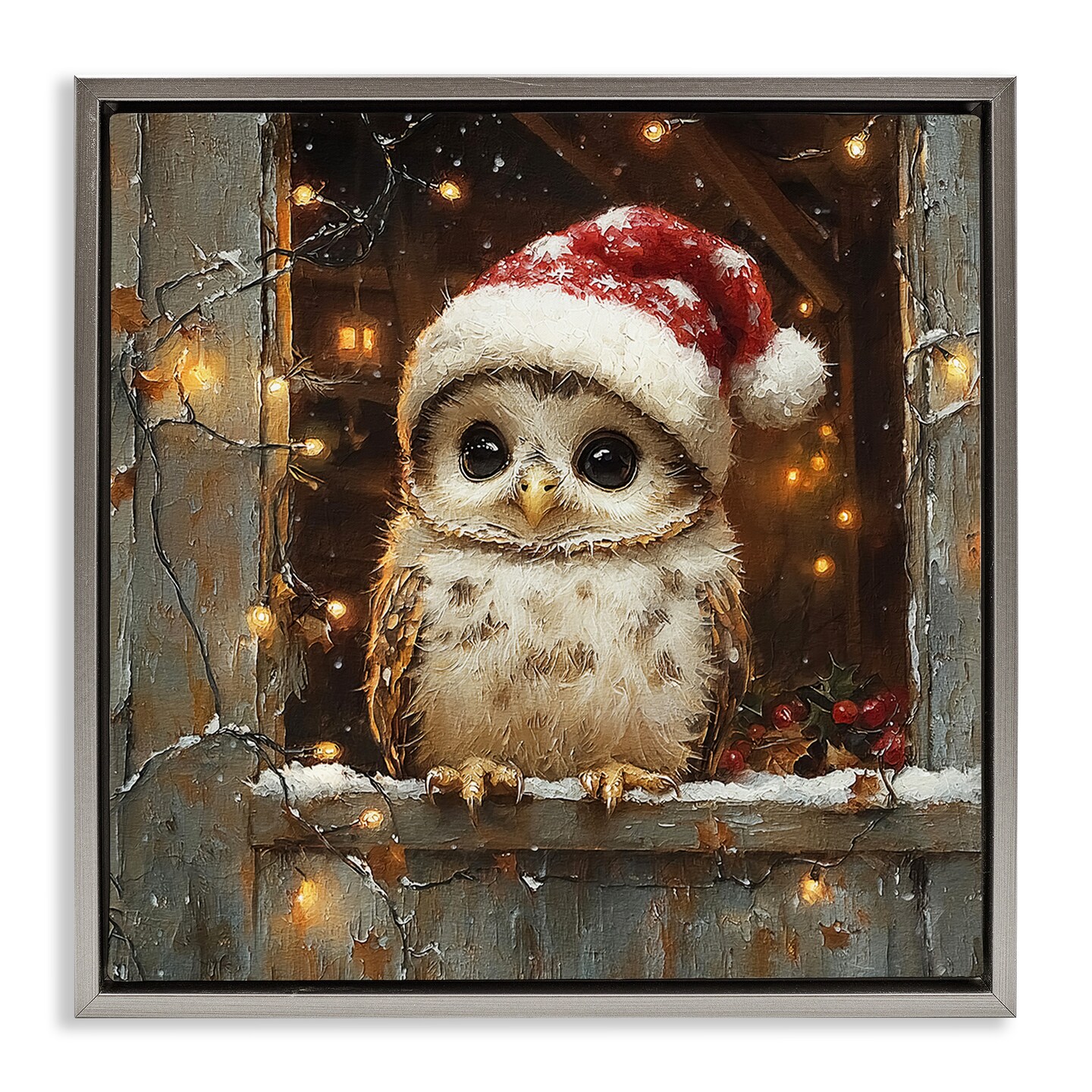 Stupell Industries Festive Owl with Holiday Lights Floating Frame Design by Riley B