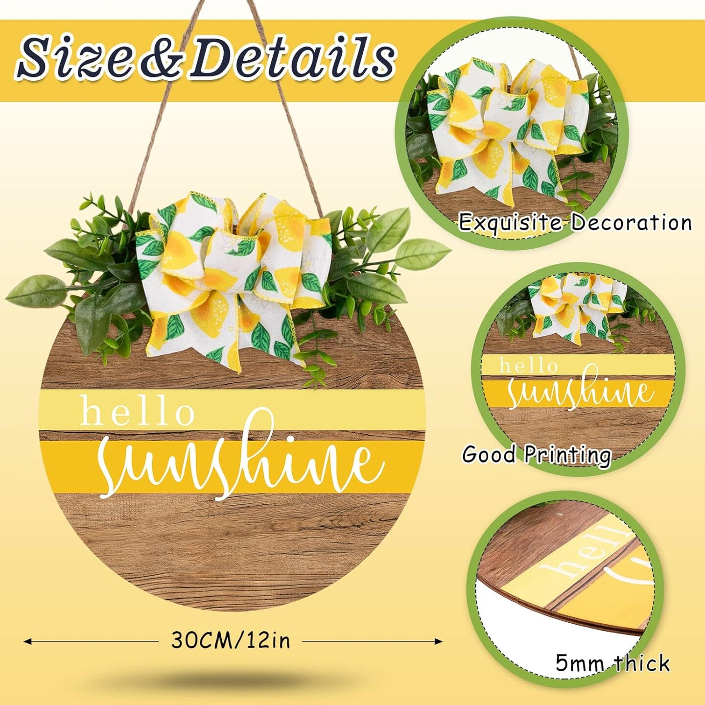 Hello Sunshine Wooden Hanging Sign Summer Welcome Sign Front Door Decor with Lemon Bowknot Rustic Farmhouse Wood Sign Door Hanger for Spring Summer Holiday Home Office Shop Window Wedding