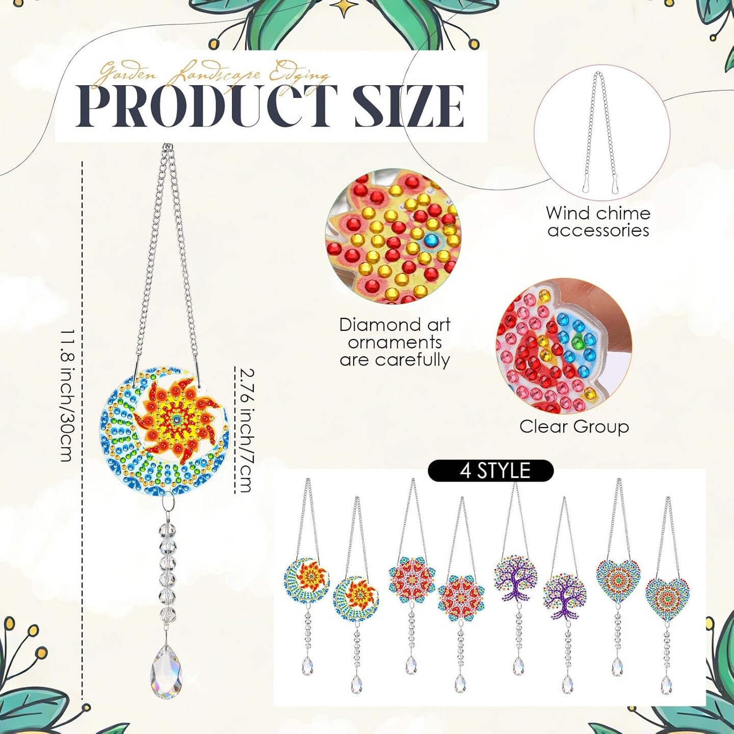 24 Pcs Diamond Art Keychains DIY Diamond Painting Wind Chime Crystal Hanging Ornament for Spring Summer Adult Craft Party(Mandala)
