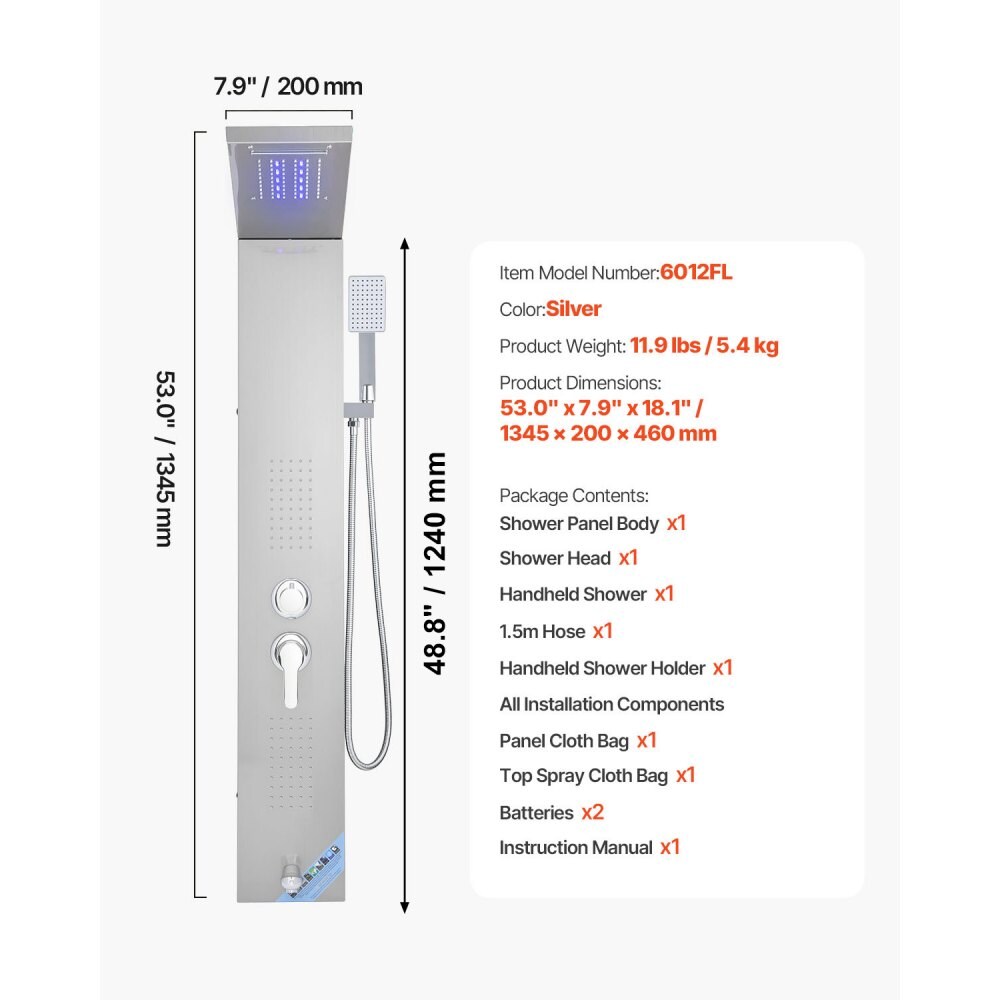 Wall Mount LED Shower Panel with Rainfall Waterfall Head and Tub Spout