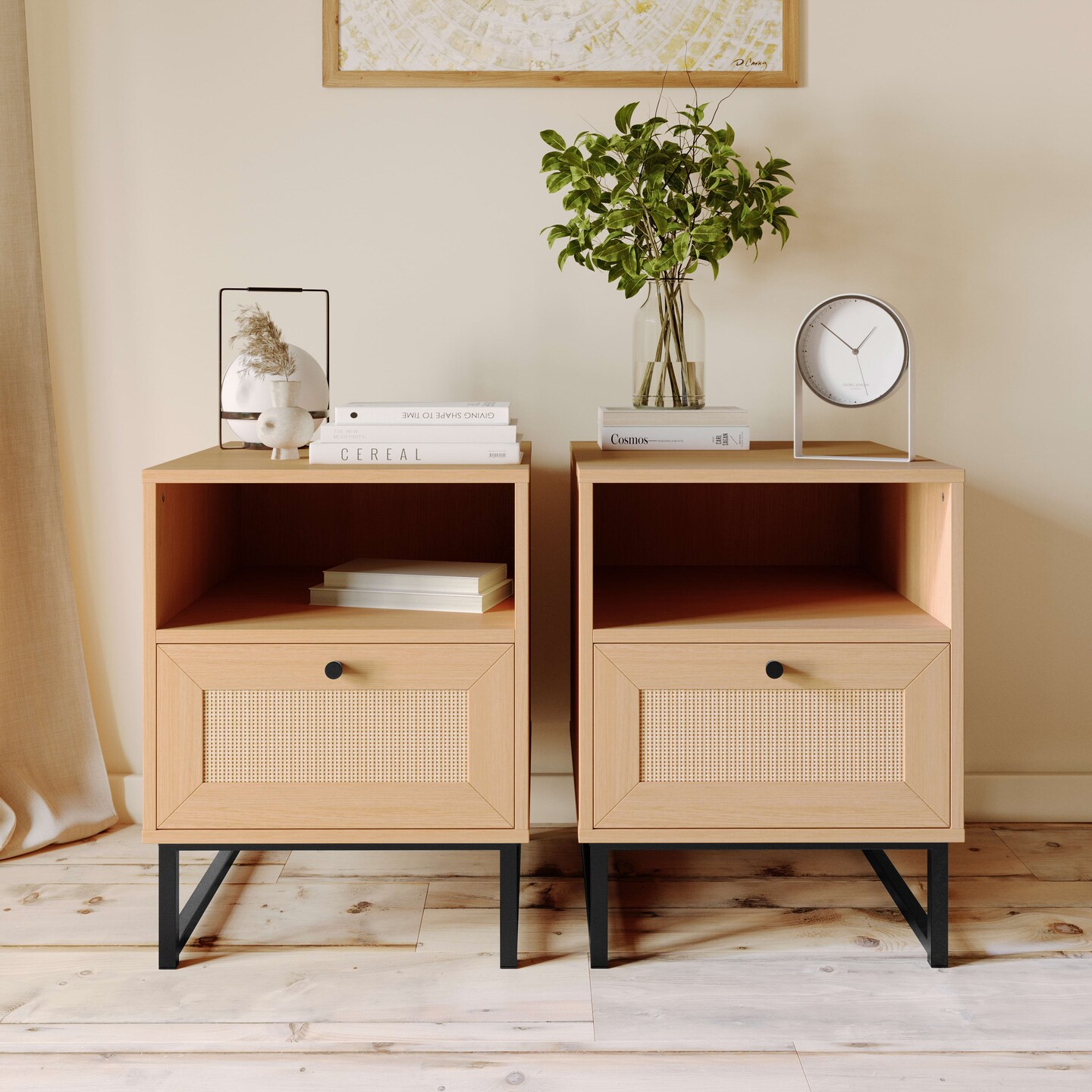 Merrick Lane Burkett Set of 2 Mid-Century Modern Wooden Bed Side Tables/Nightstands with Drawer and Shelf