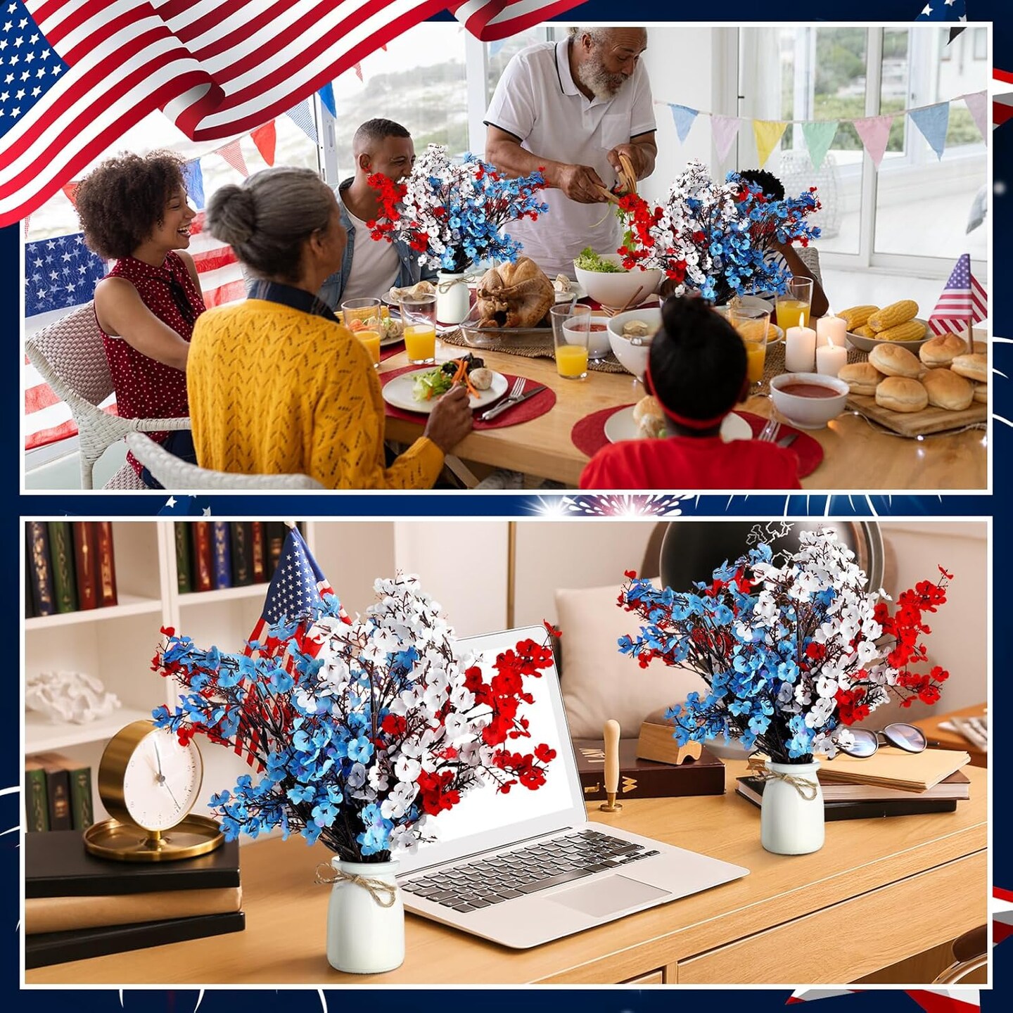 2 Set 4th of July Artificial Flowers Table Decoration Red Blue White