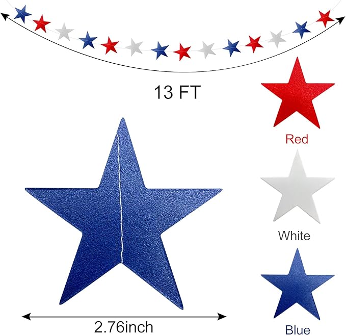 10-Pack Patriotic Star Garland (130ft) - Red, White & Blue 250th Anniversary Streamers