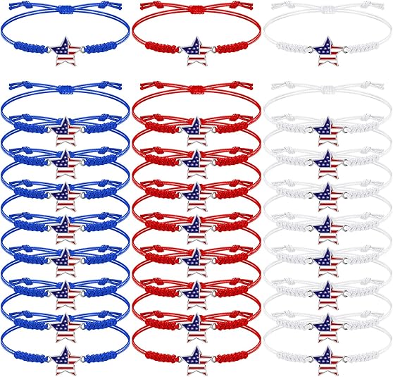 24pc Patriotic Woven Bracelet Set – Red, White & Blue Adjustable Friendship Jewelry