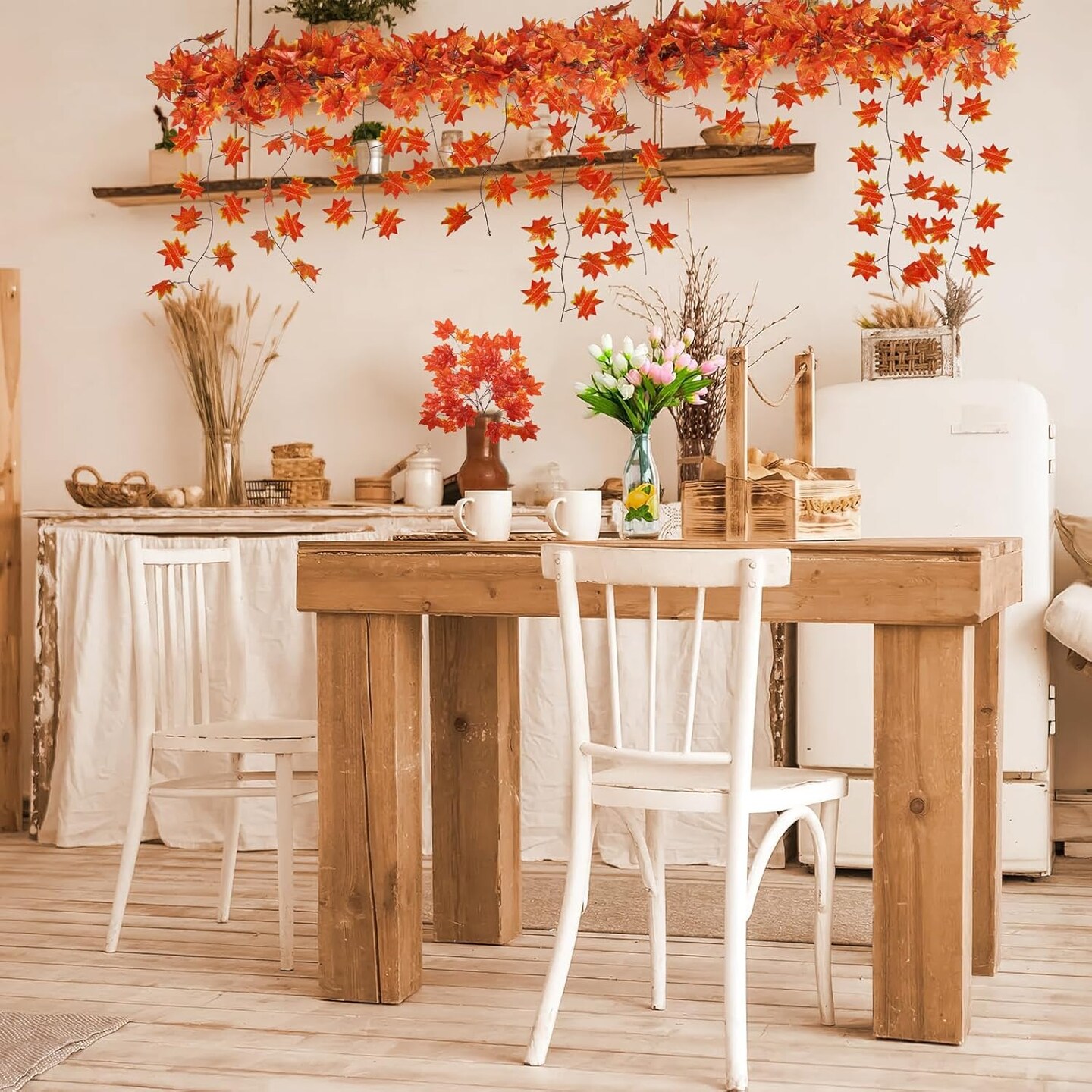 20 Pack Fall Leaf Garland, Hanging Vines Artificial Fall Maple Leaves Thanksgiving Decor for Home Wedding Fireplace Party