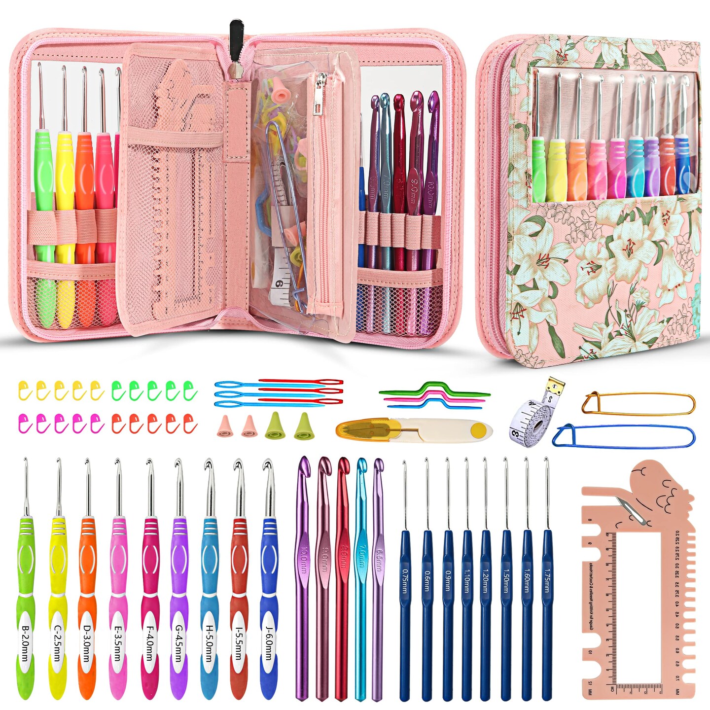 LOOEN 61Pcs Ergonomic Crochet Hooks Set, 22size (0.75mm-10mm), with Case for Arthritic Hands, Extra Long Crochet Needles, Nice Gift (Pink)