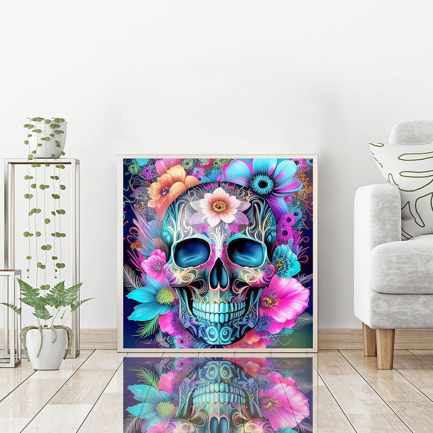 Skull Flower Diamond Painting Kits for Adults, Sugar Skull Diamond Art Kit Beginners DIY 5D Full Drill Round Skeleton Diamond Painting Gem Art for Home Wall Decor Gift 13.78 X 13.78 Inch