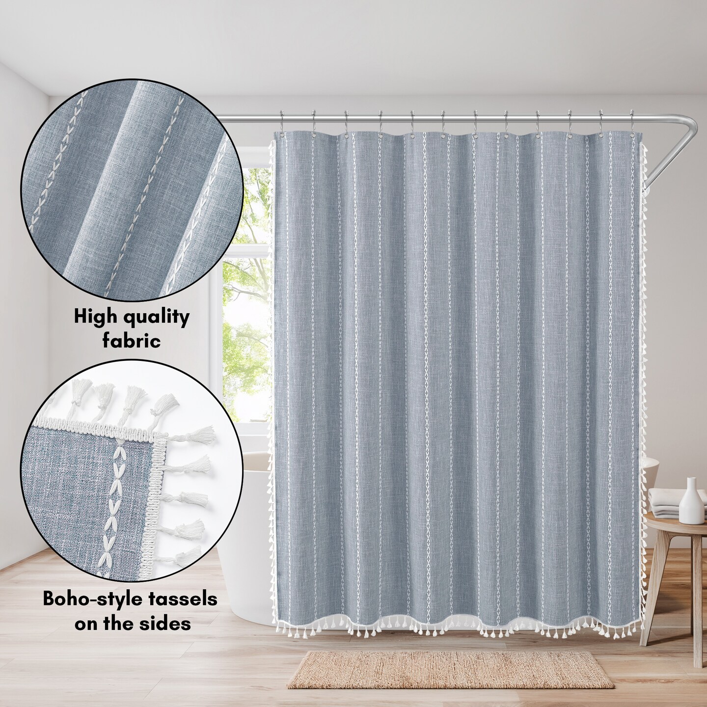 Americanflat 71x71 Woven Linen Shower Curtain with Tassel Accents - Includes 12 Grommets and Hooks - 100% Polyester