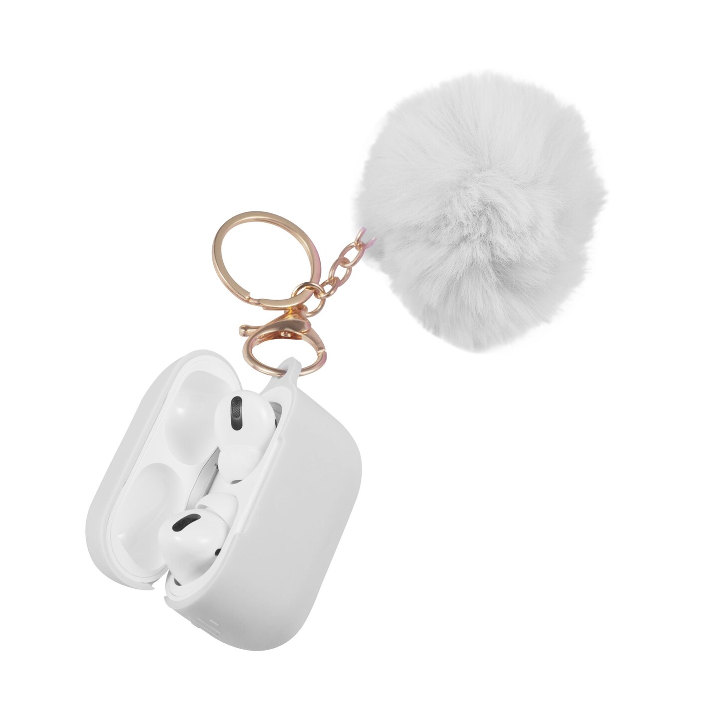 Insten Fluffy Pom Pom Case For Airpods Pro, Silicone Carry Case with Keychain &#x26; Anti-Lost Strap, Soft Touch Protective Skin Cover, White