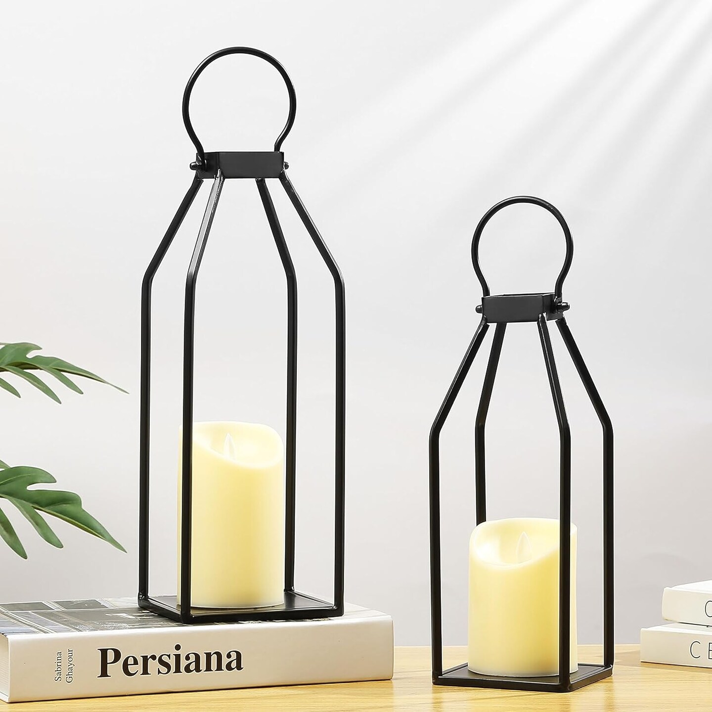Modern Farmhouse Lantern Decor, 15&#x27;&#x27; 13&#x27;&#x27; Set of 2 Black Metal Lanterns, 2 LED 6hr Timer Flickering Flameless Candles, Lanterns Decorative for Outdoor Decor