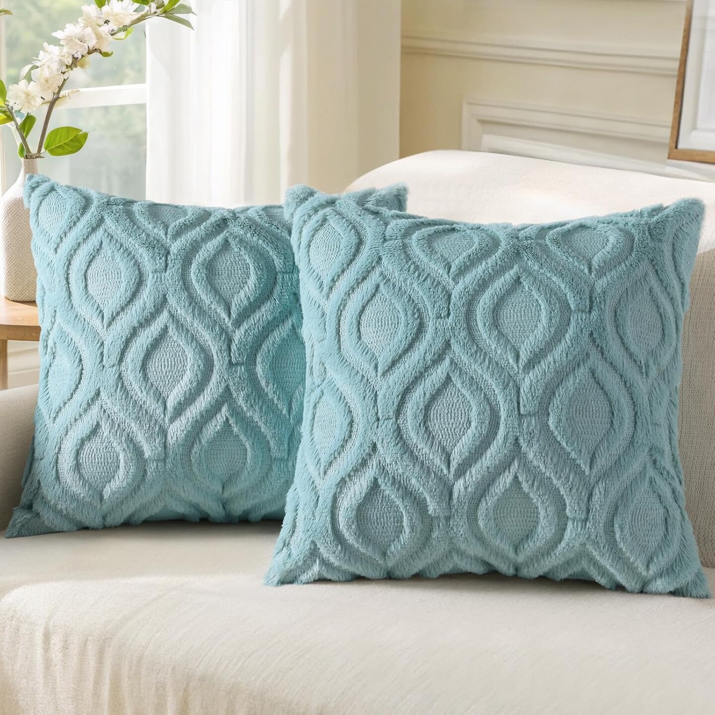 Summer Throw Pillow Covers 18x18 Inch Set of 2, Soft Plush Faux Wool Aqua Solid Couch Pillow Covers, Accent Farmhouse Neutral Square Pillow Cases for Sofa Bed Living Room