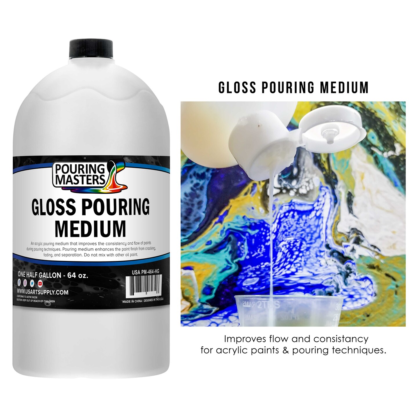 Professional Gloss Pouring Medium 64oz (Half Gallon) - Improves Paint Flow &#x26; Cell Effects Creator, Viscosity Adjuster for Art Acrylic Painting