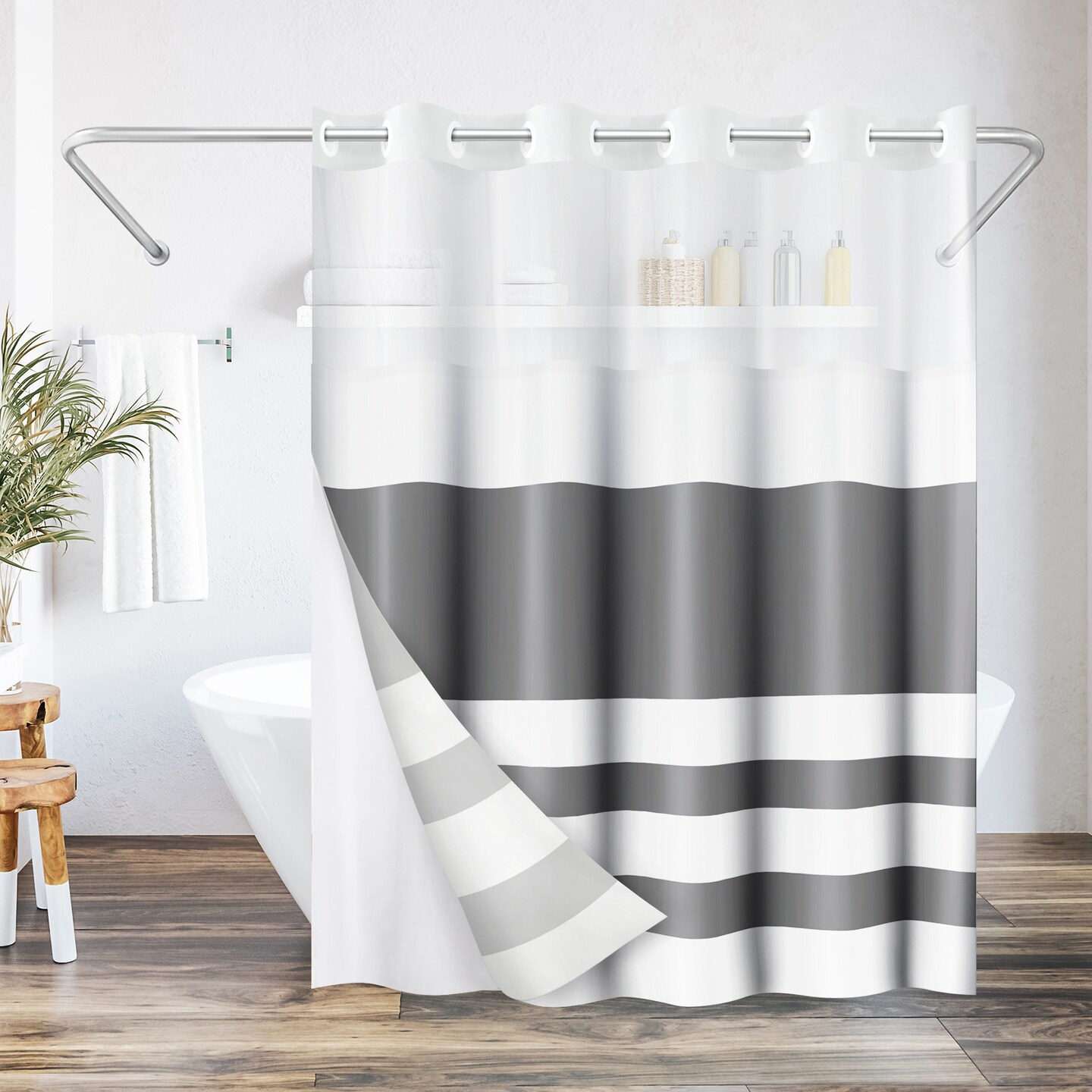 Americanflat 72x75 Hookless Shower Curtain - Water-Resistant Shower Curtain with Sheer Panel, Snap-In Liner, and Grommets - 100% Polyester
