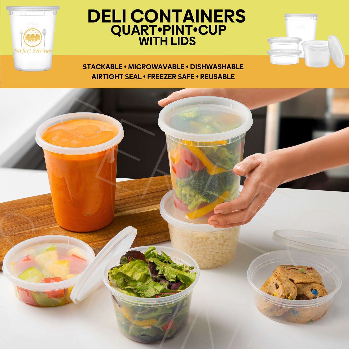 Perfect Settings Plastic Deli Containers with Lids [44 Sets] Variety Pk 8oz, 16oz &#x26; 32oz | Leakproof, Freezer Safe Soup &#x26; Food Storage | Microwavable Food Containers with Lids