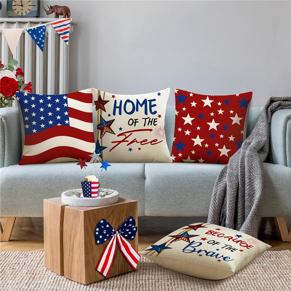 Set of 4 Throw Pillow Covers for 4th of July Decorations